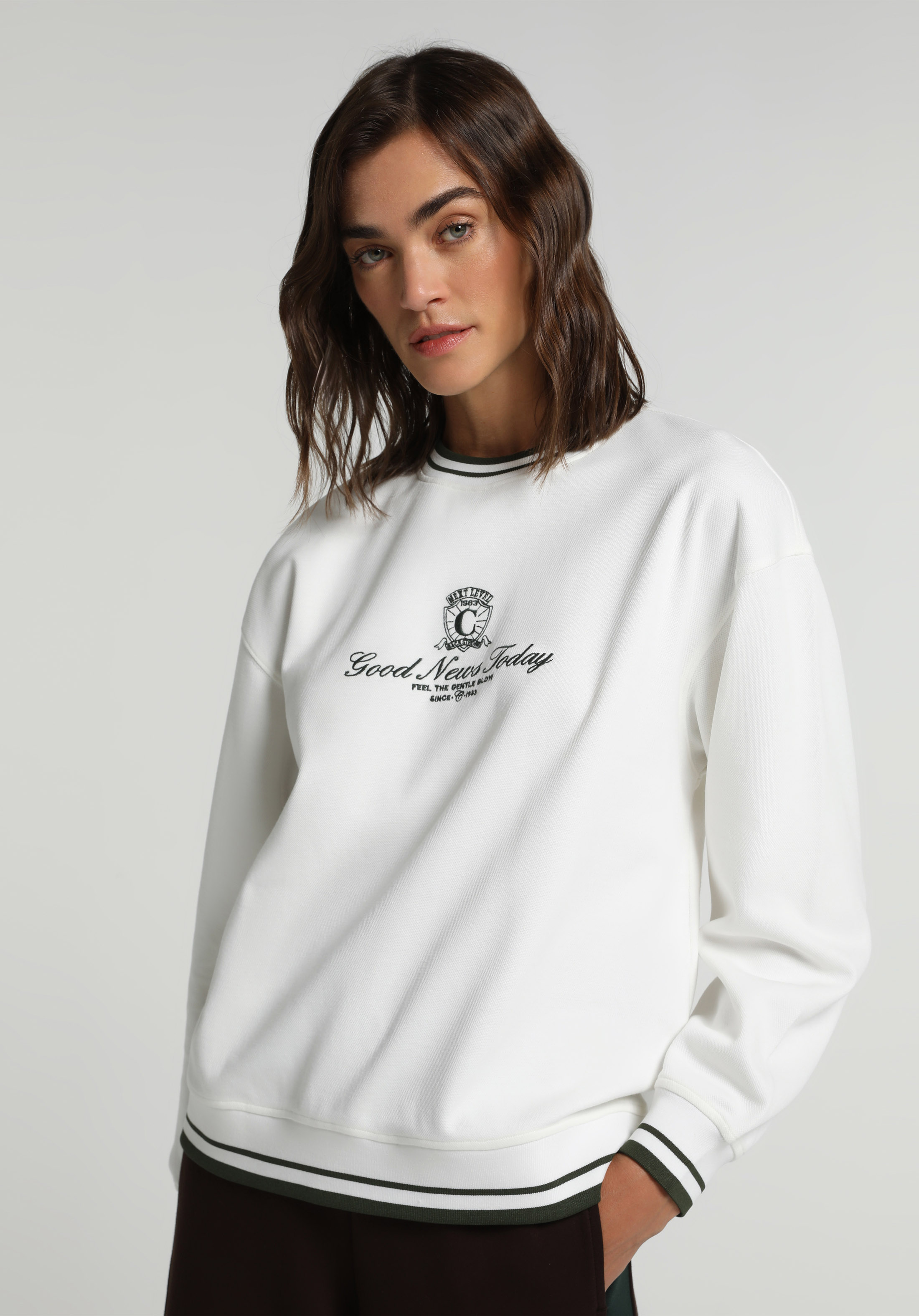 Regular Fit Yuvarlak Yaka Nakışlı Kadın Ekru Sweatshirt