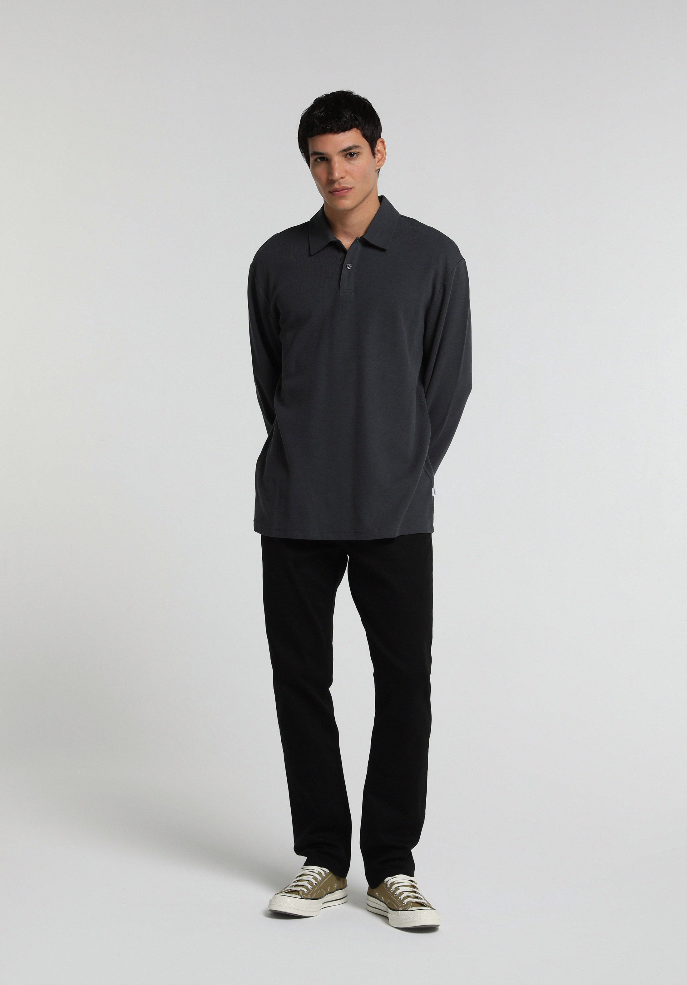 Relaxed Fit Polo Yaka Düz Erkek Antrasit Uzun Kol Tişört