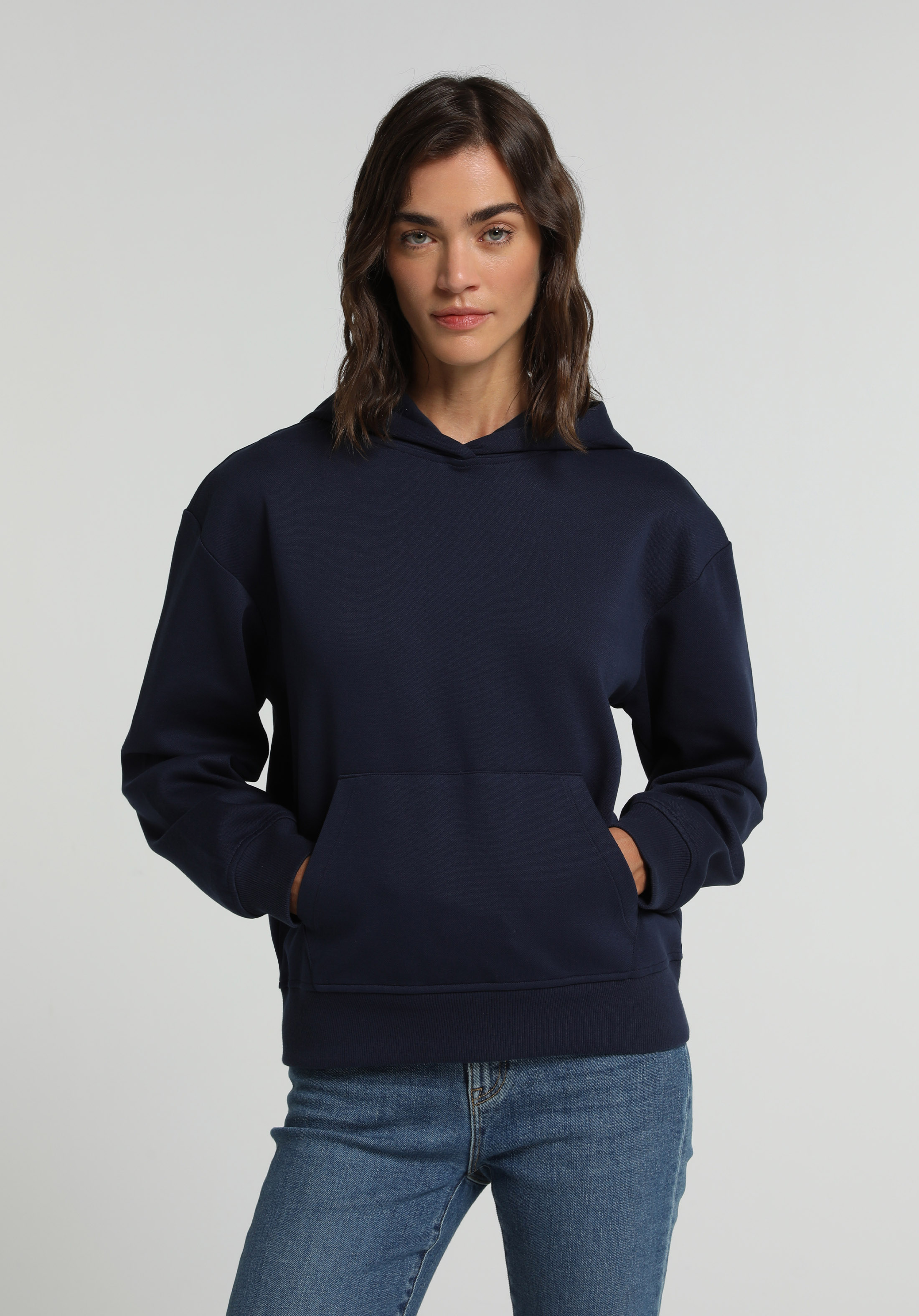 Regular Fit Kapüşonlu Düz Kadın Lacivert Sweatshirt