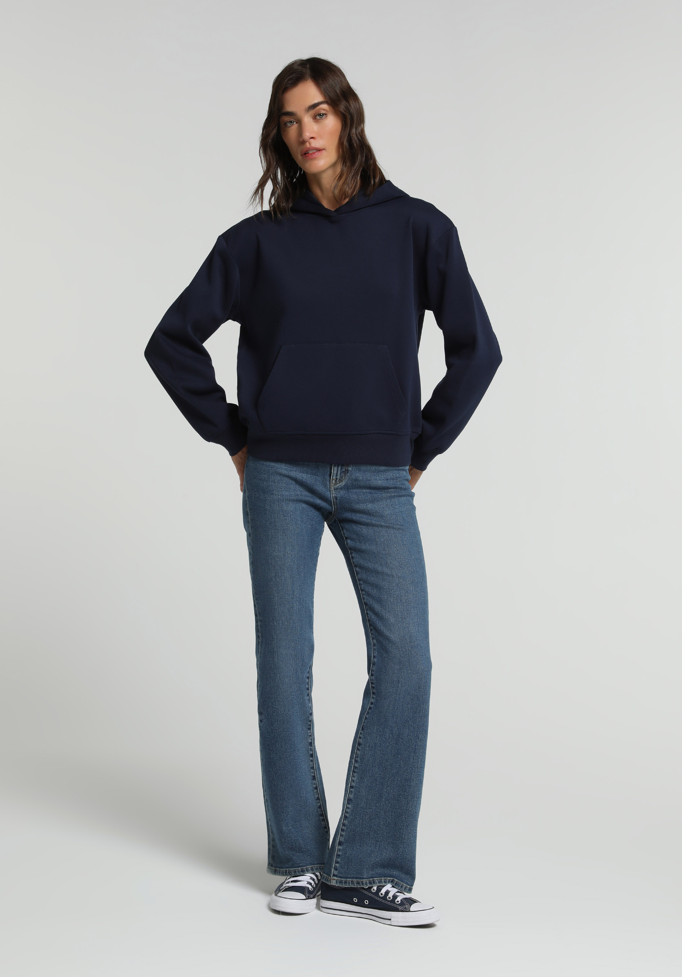 Regular Fit Kapüşonlu Düz Kadın Lacivert Sweatshirt