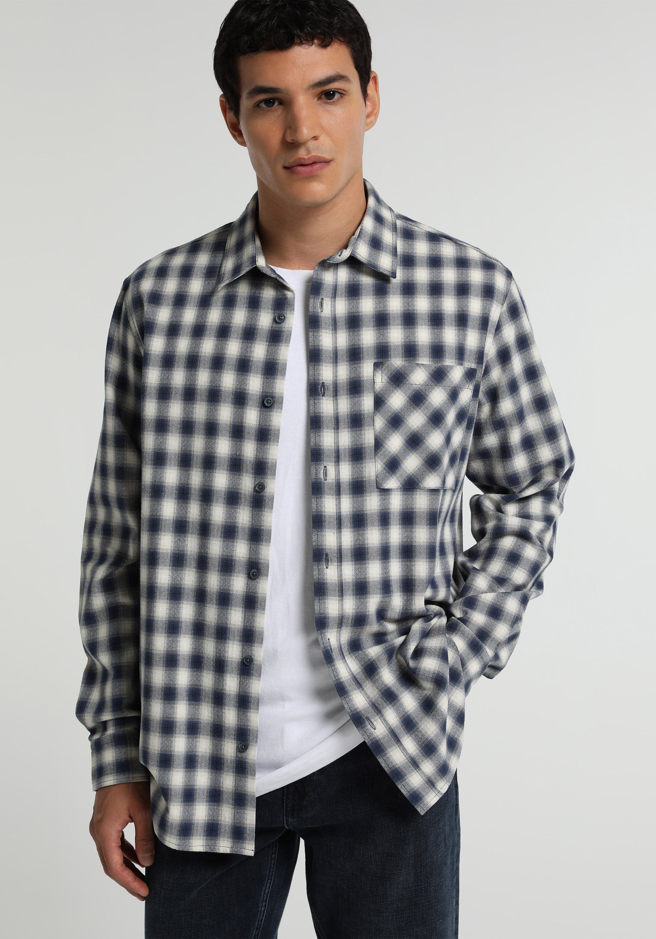 Regular Fit Shirt Neck Kareli Erkek Lacivert Uzun Kol Gömlek