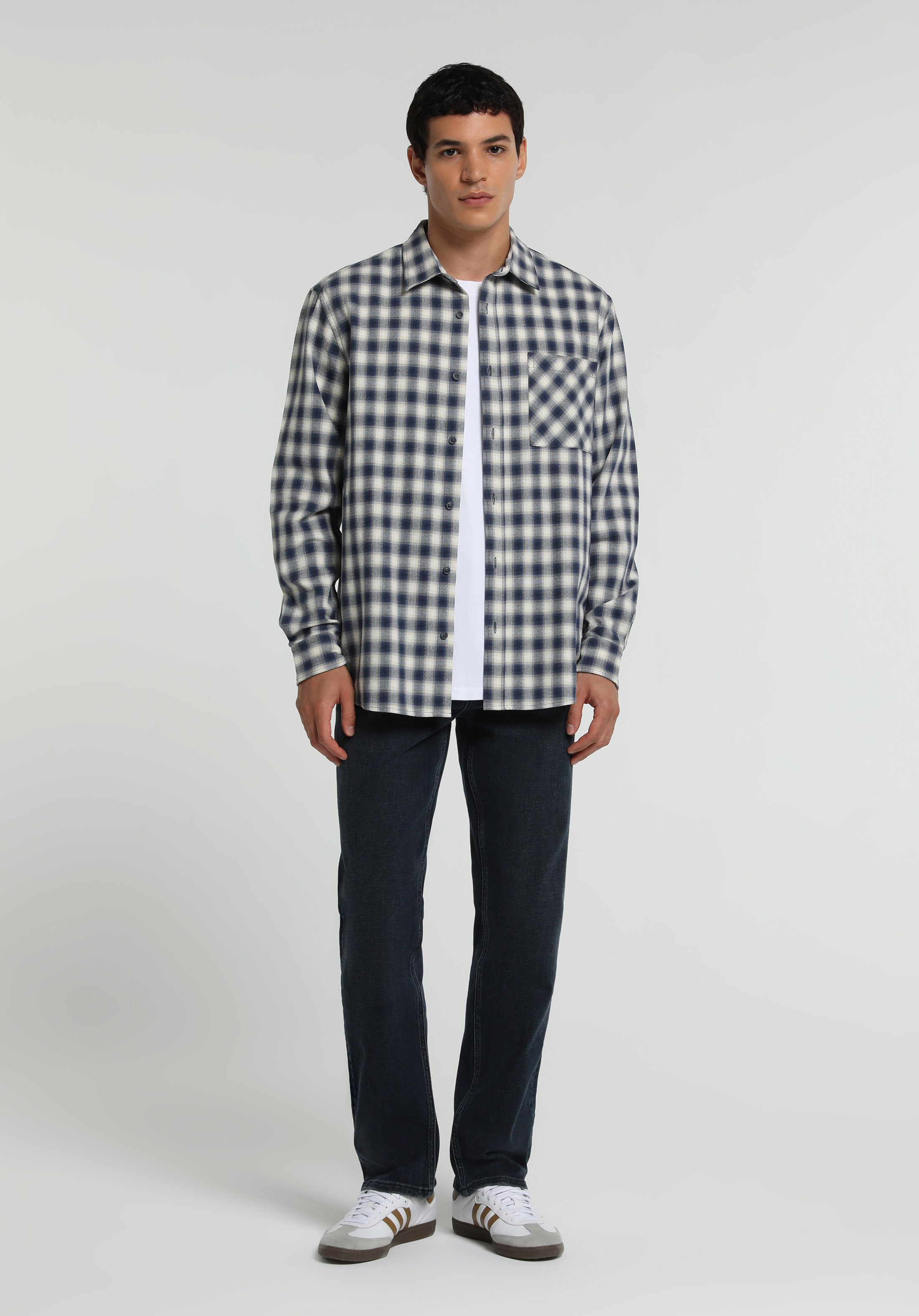 Regular Fit Shirt Neck Kareli Erkek Lacivert Uzun Kol Gömlek
