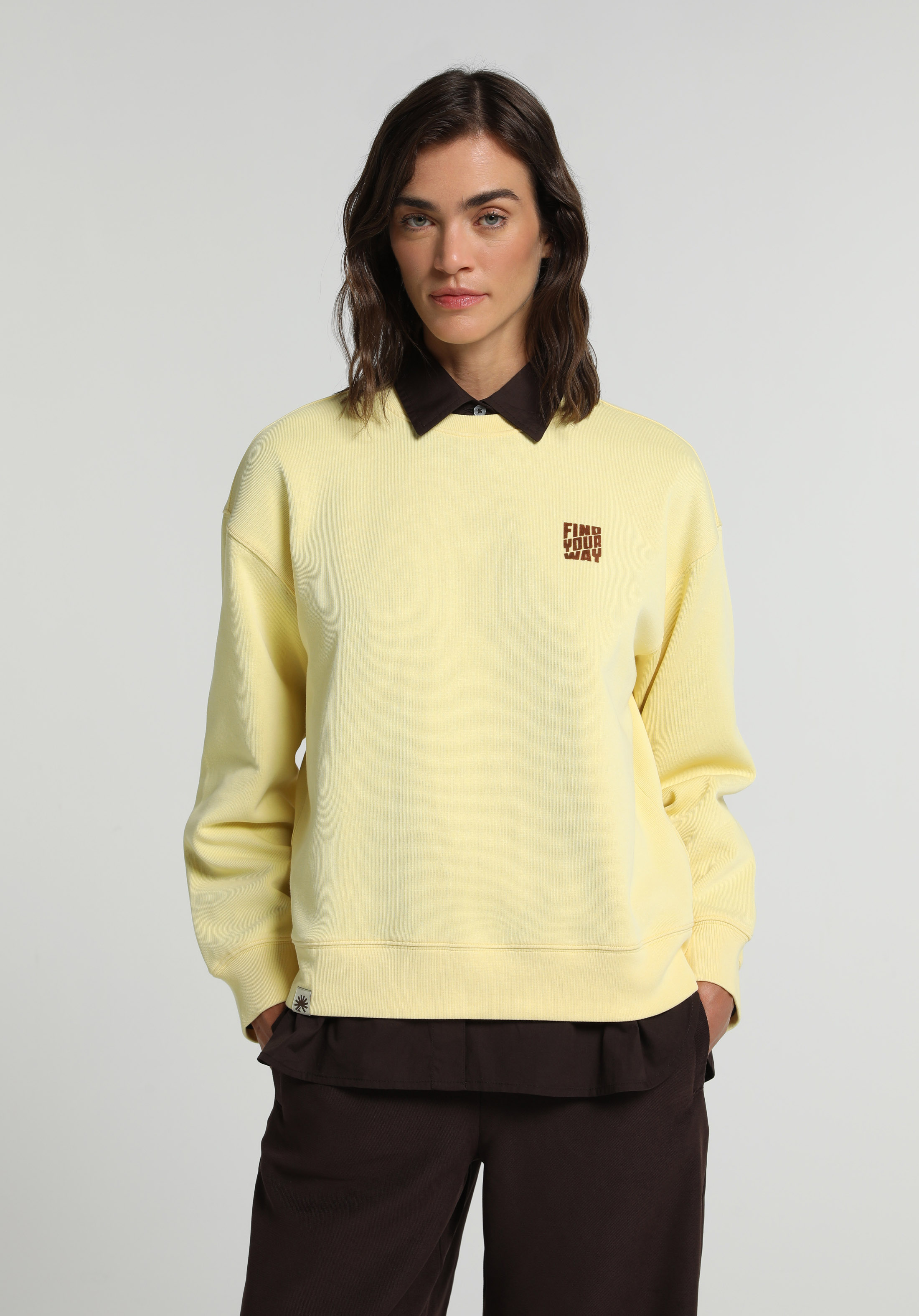 Regular Fit Yuvarlak Yaka Baskılı Kadın Sari Sweatshirt