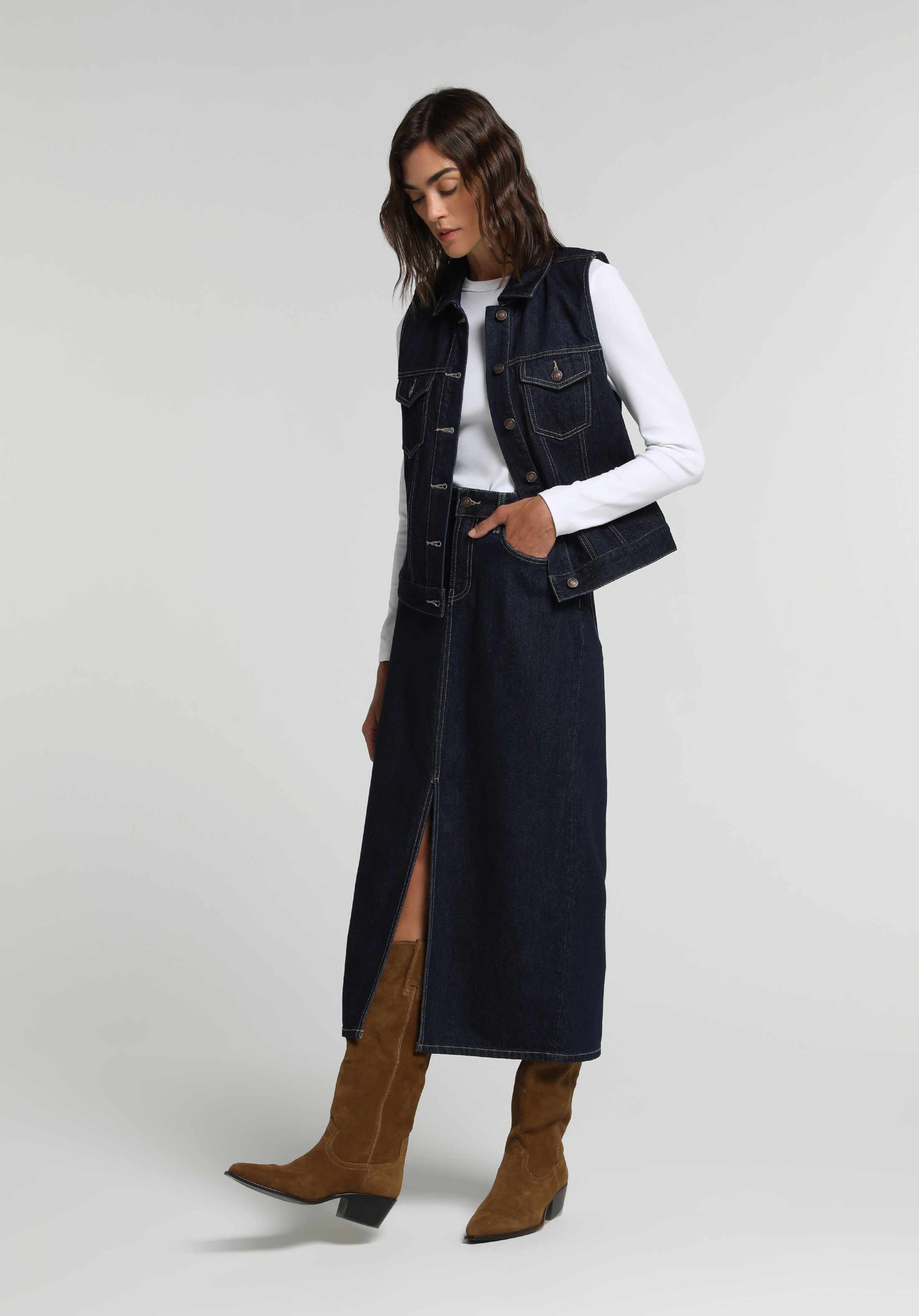 Slim Fit Düz Fermuarlı Kadın Dark İndigo Denim Etek
