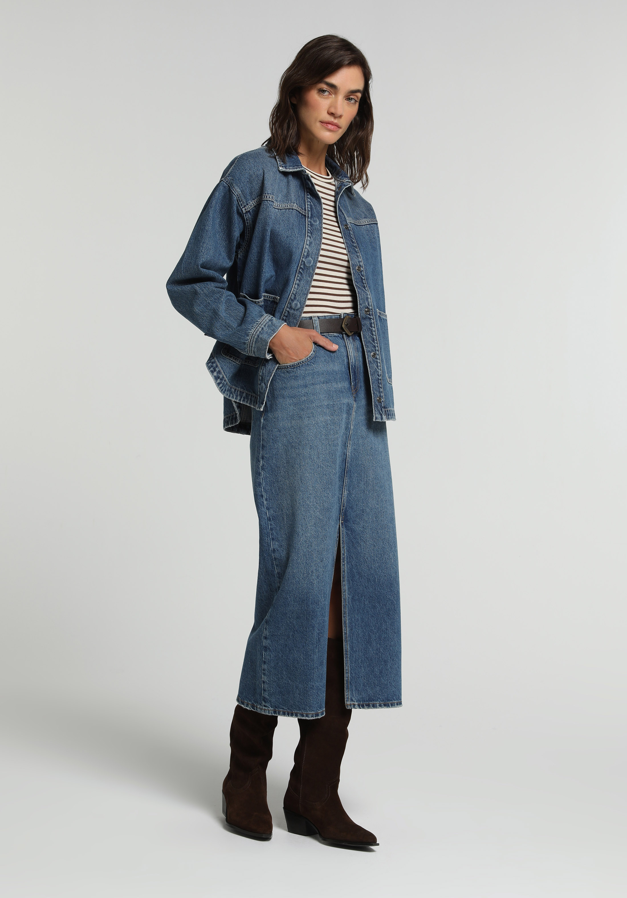 Slim Fit Düz Fermuarlı Kadın Mid İndigo Denim Etek