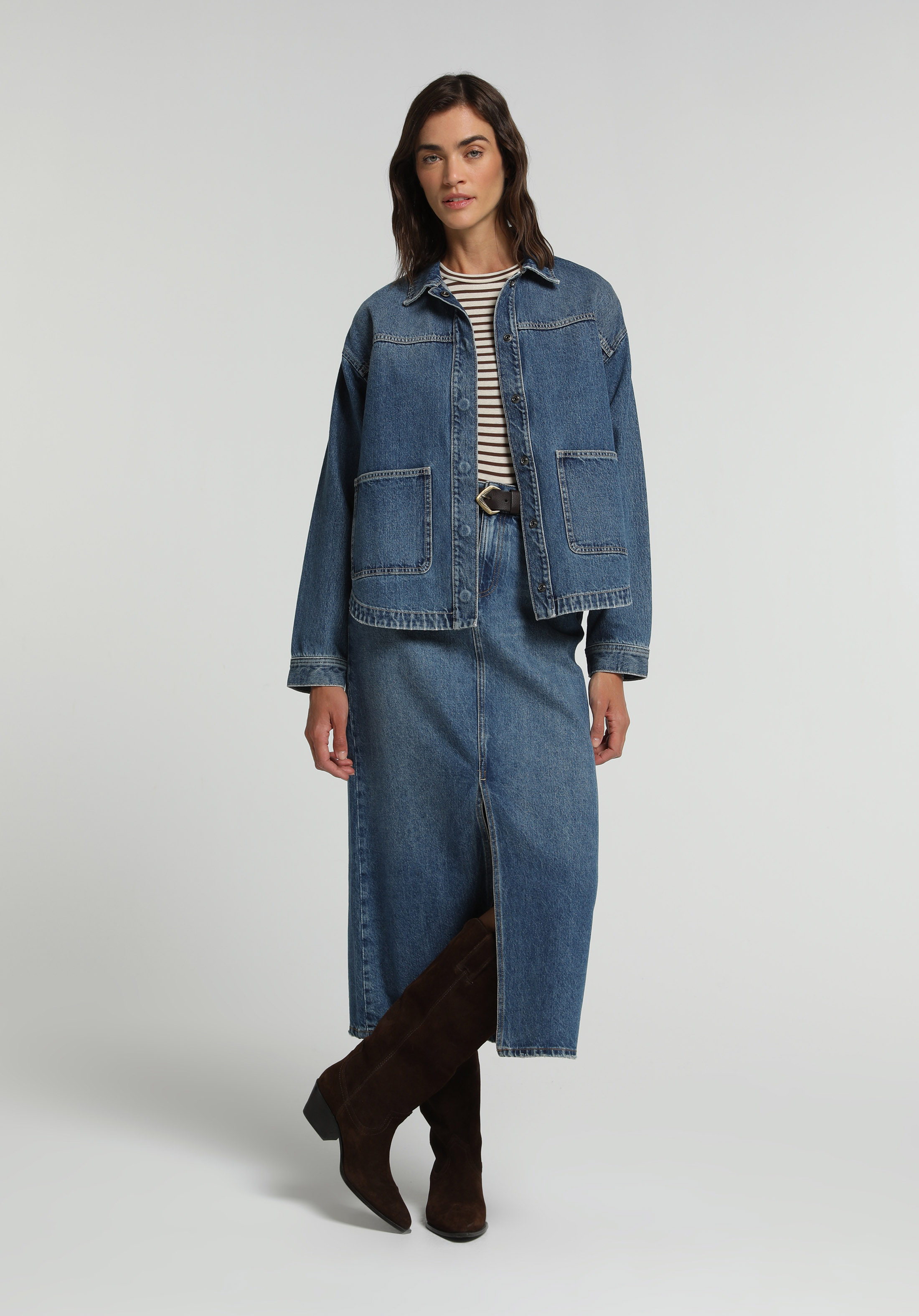 Slim Fit Düz Fermuarlı Kadın Mid İndigo Denim Etek