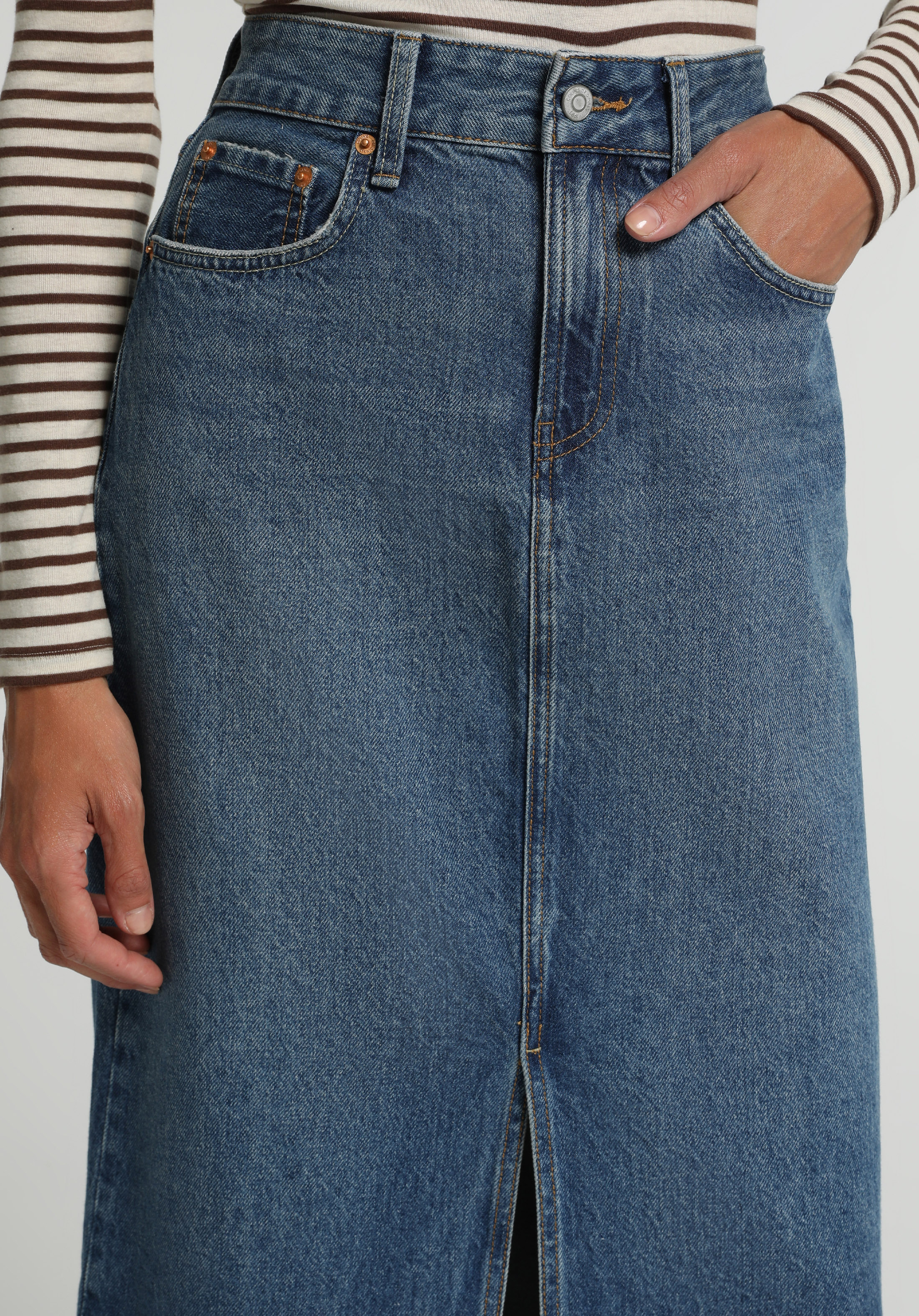Slim Fit Düz Fermuarlı Kadın Mid İndigo Denim Etek