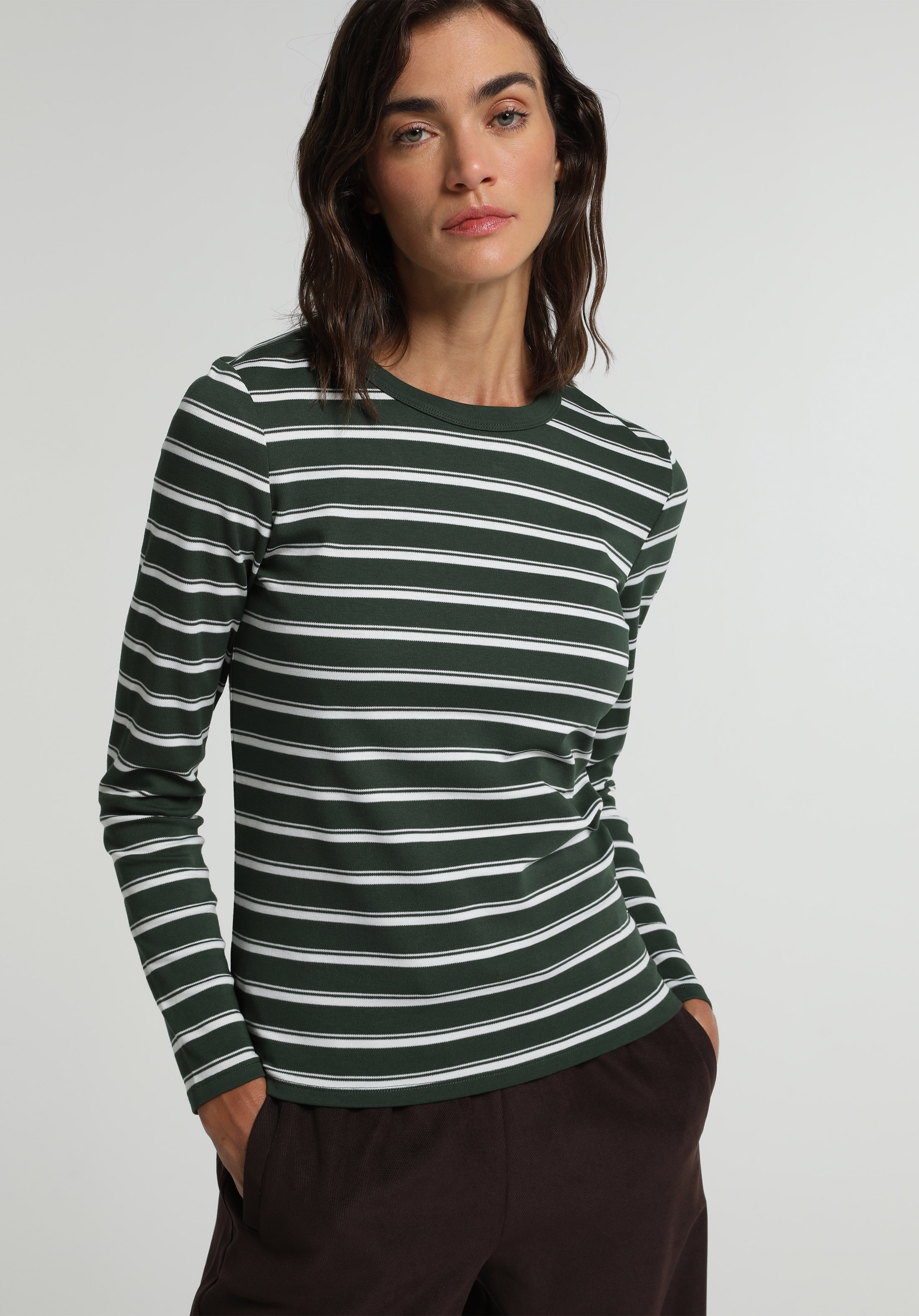 Slim Fit Yuvarlak Yaka Çizgili Kadın Yeşil Uzun Kol Tişört