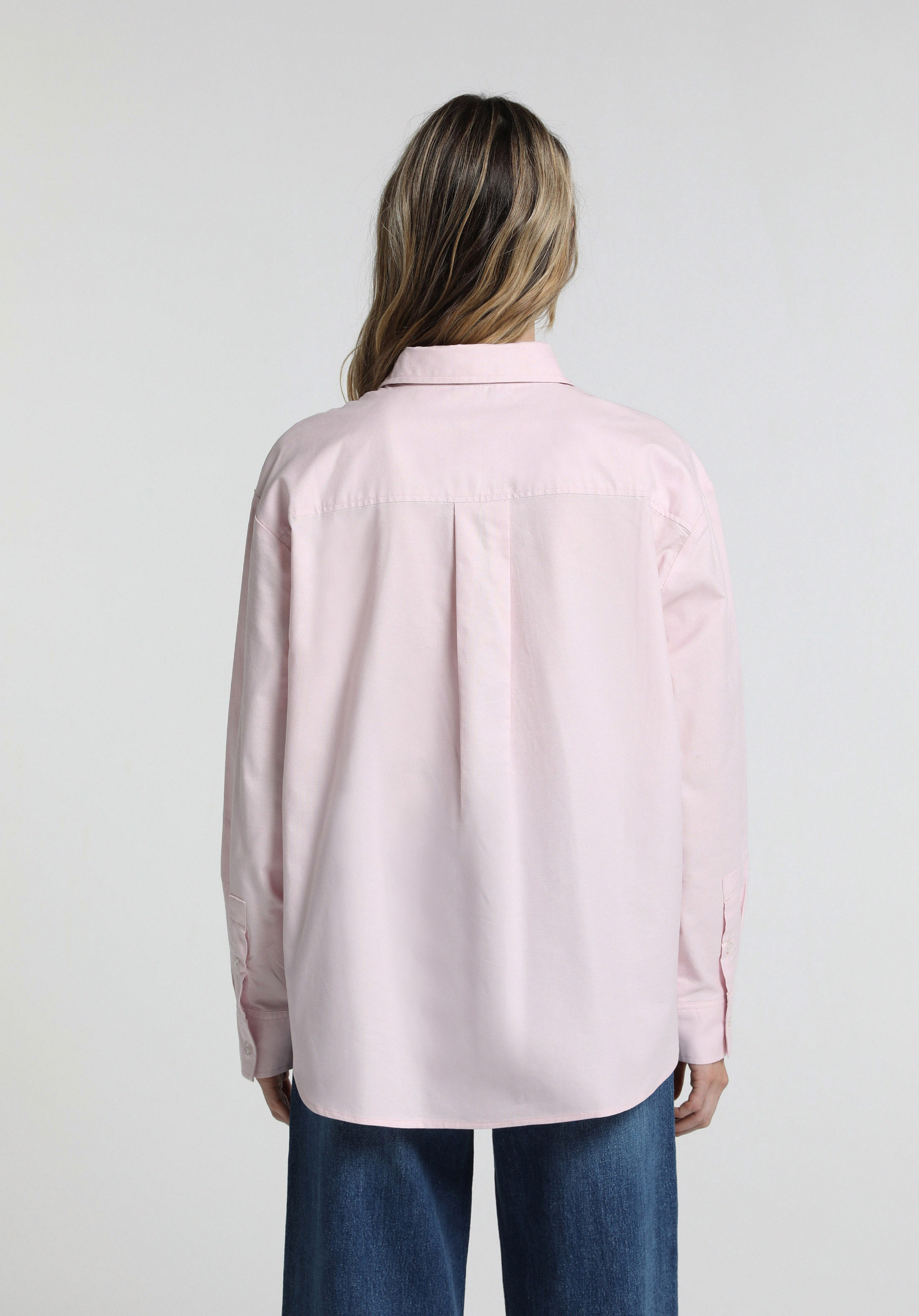 Boyfriend Fit Shirt Neck Düz Kadın Pembe Uzun Kol Gömlek