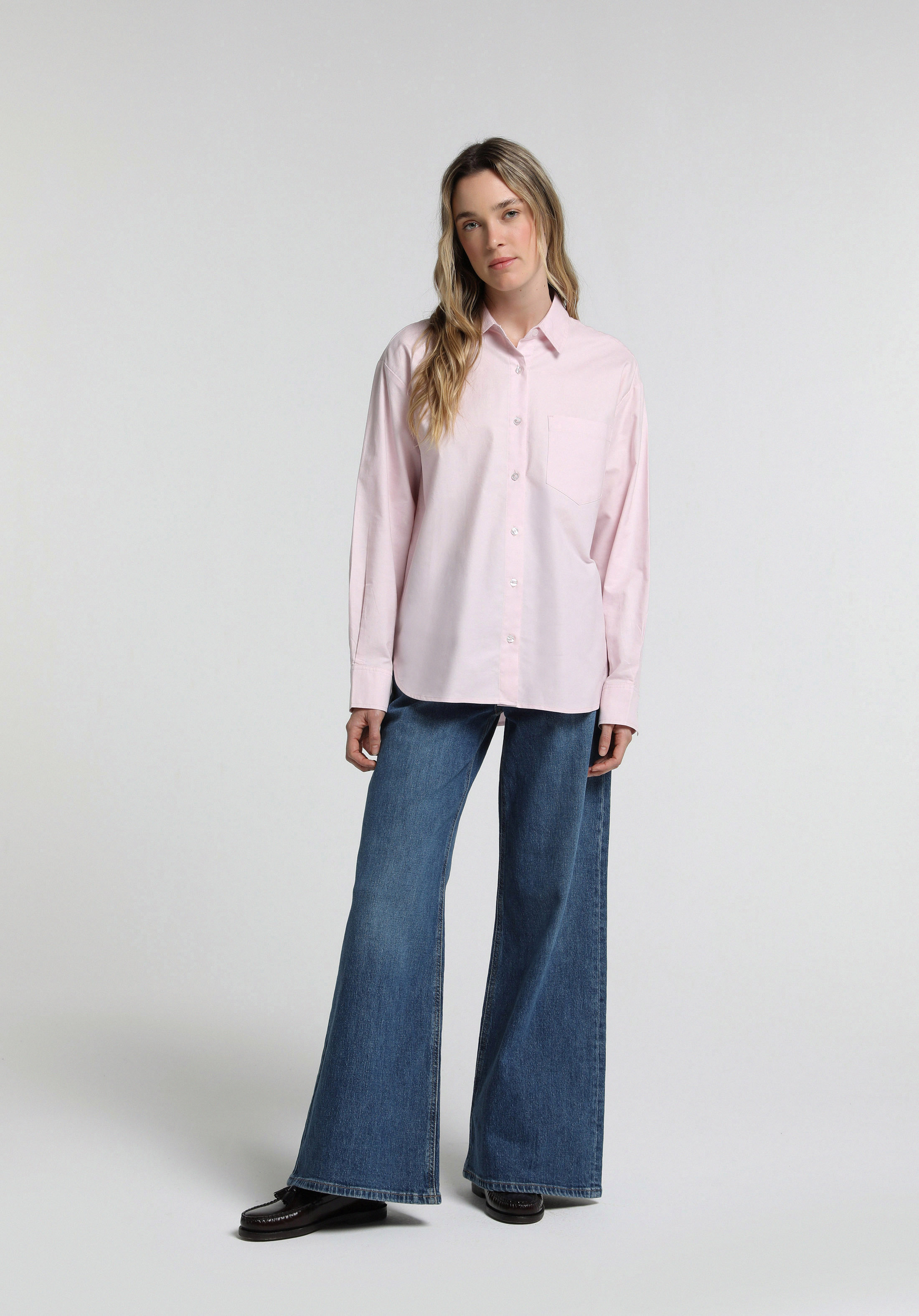 Boyfriend Fit Shirt Neck Düz Kadın Pembe Uzun Kol Gömlek