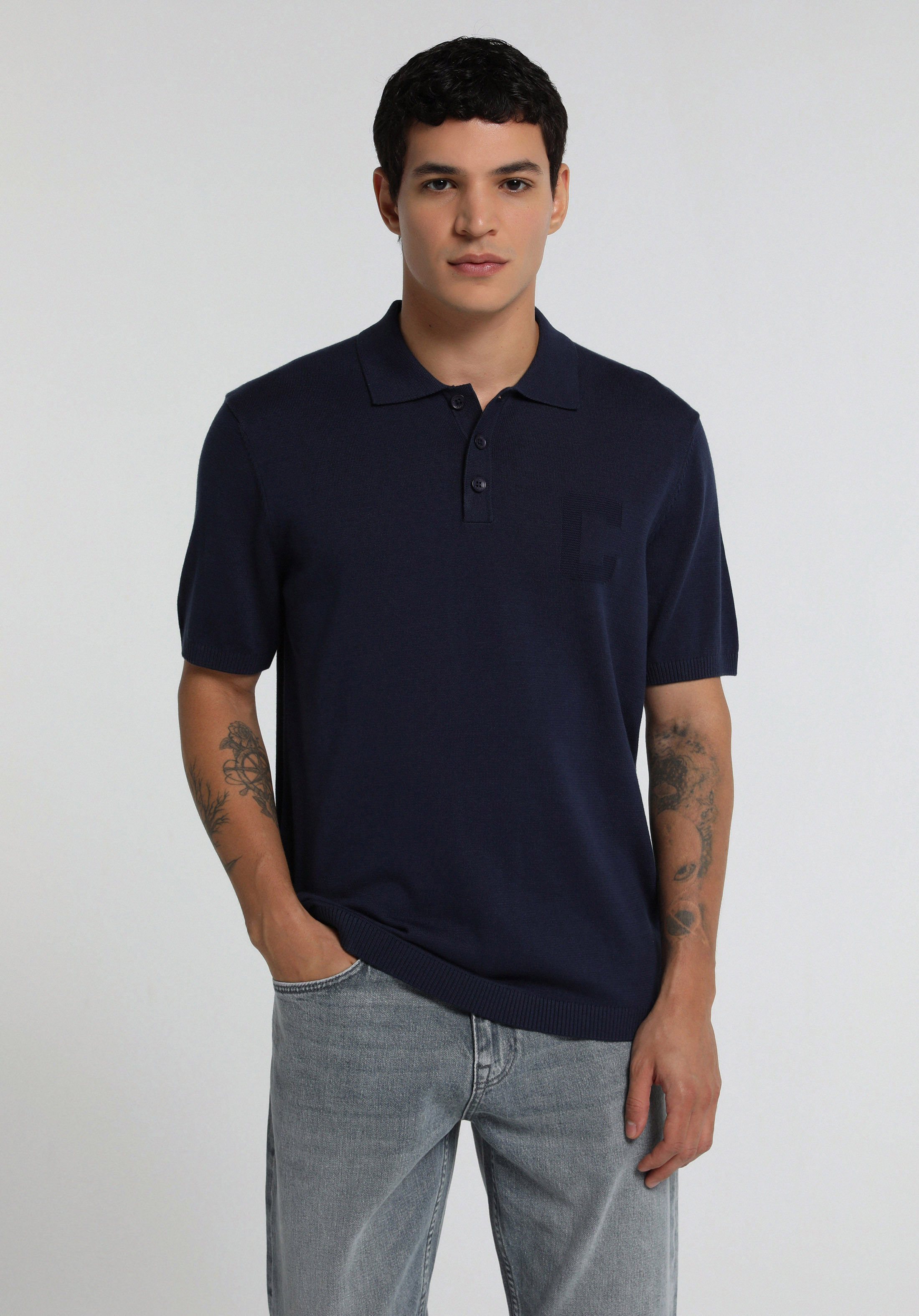 Regular Fit Polo Yaka Jakarlı Erkek Lacivert Kısa Kol Kazak