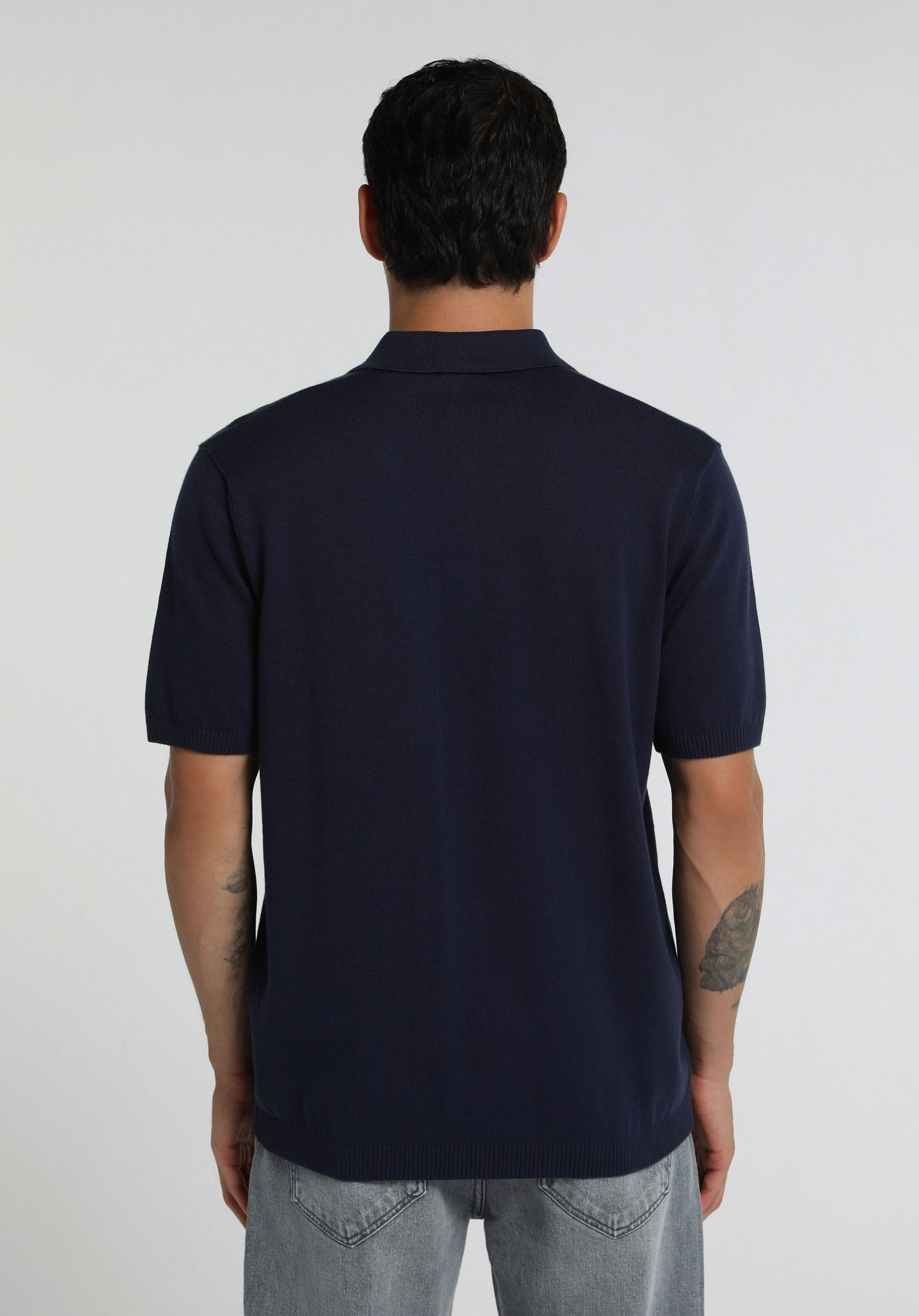 Regular Fit Polo Yaka Jakarlı Erkek Lacivert Kısa Kol Kazak