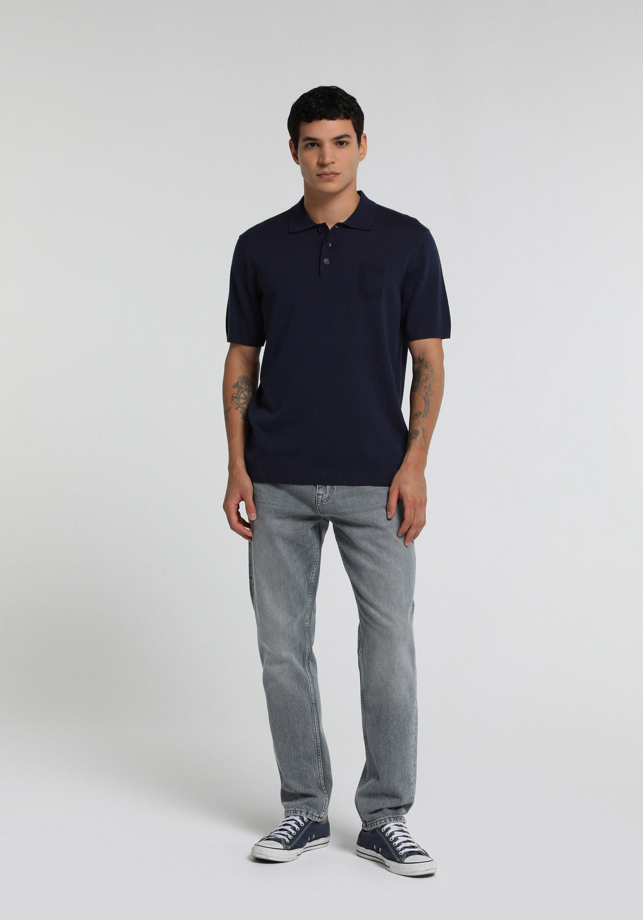 Regular Fit Polo Yaka Jakarlı Erkek Lacivert Kısa Kol Kazak
