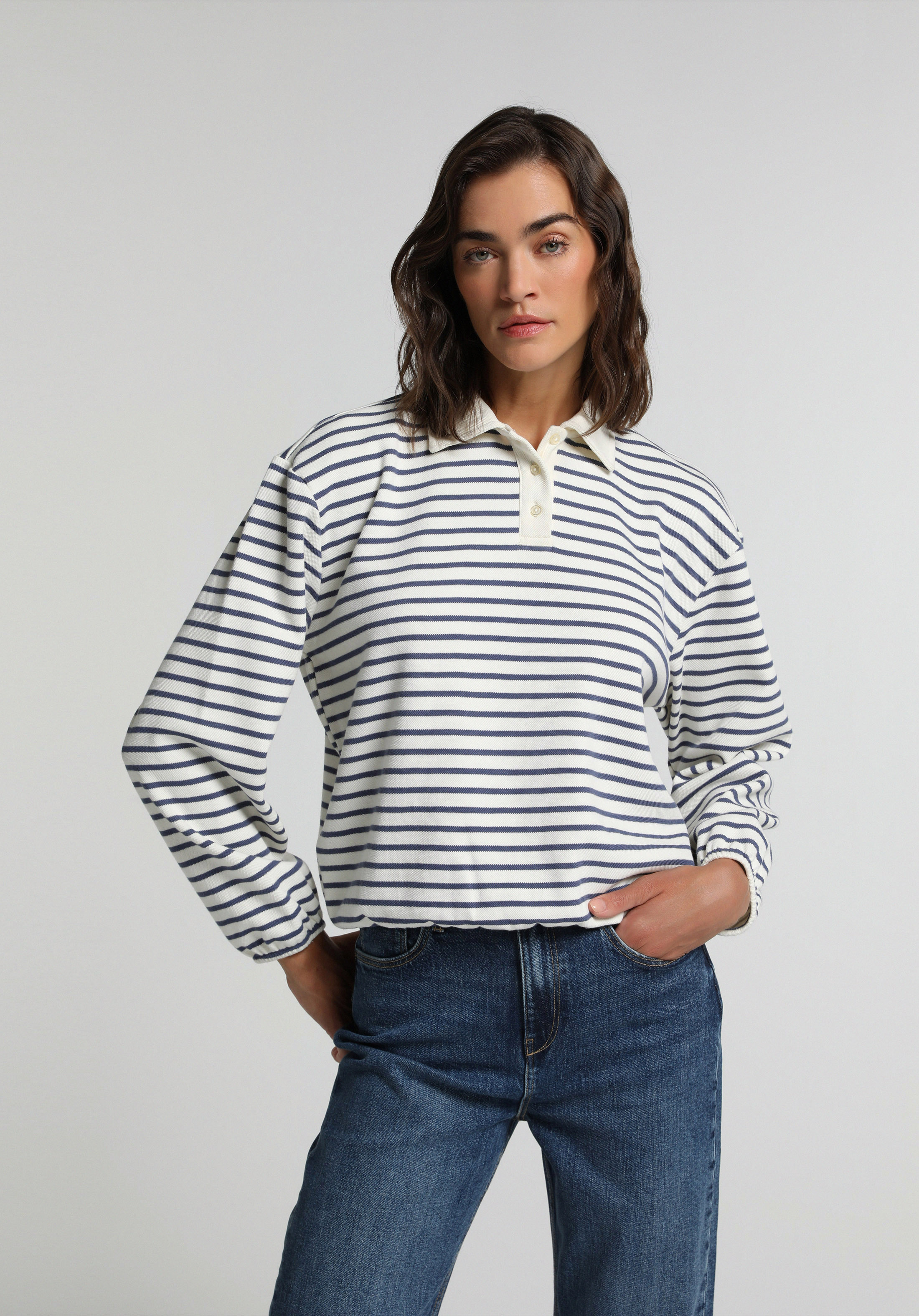 Regular Fit Polo Yaka Çizgili Kadın Mavi Sweatshirt