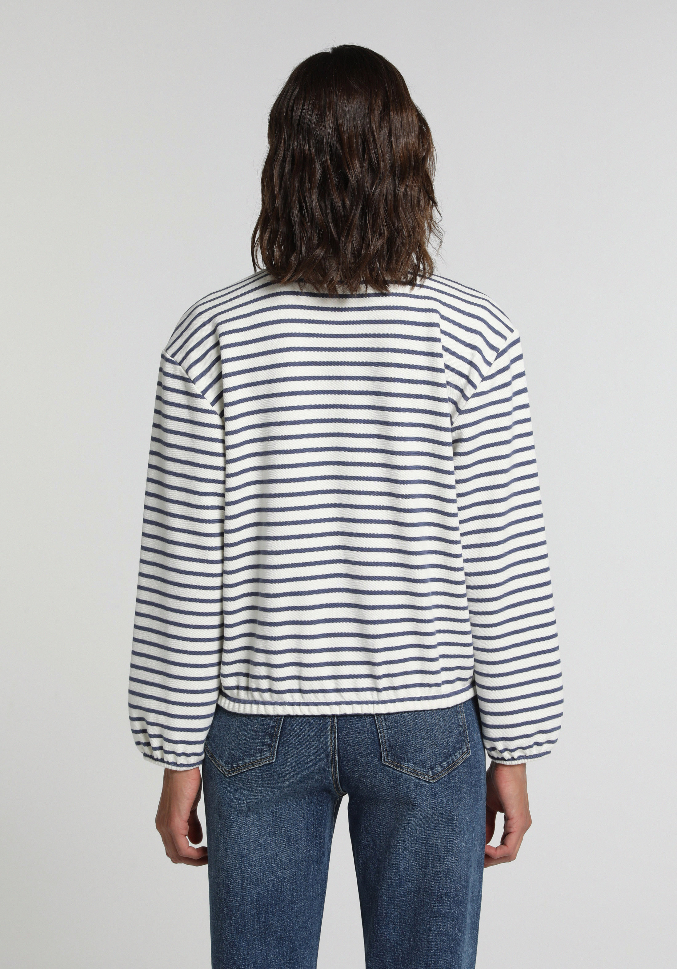 Regular Fit Polo Yaka Çizgili Kadın Mavi Sweatshirt