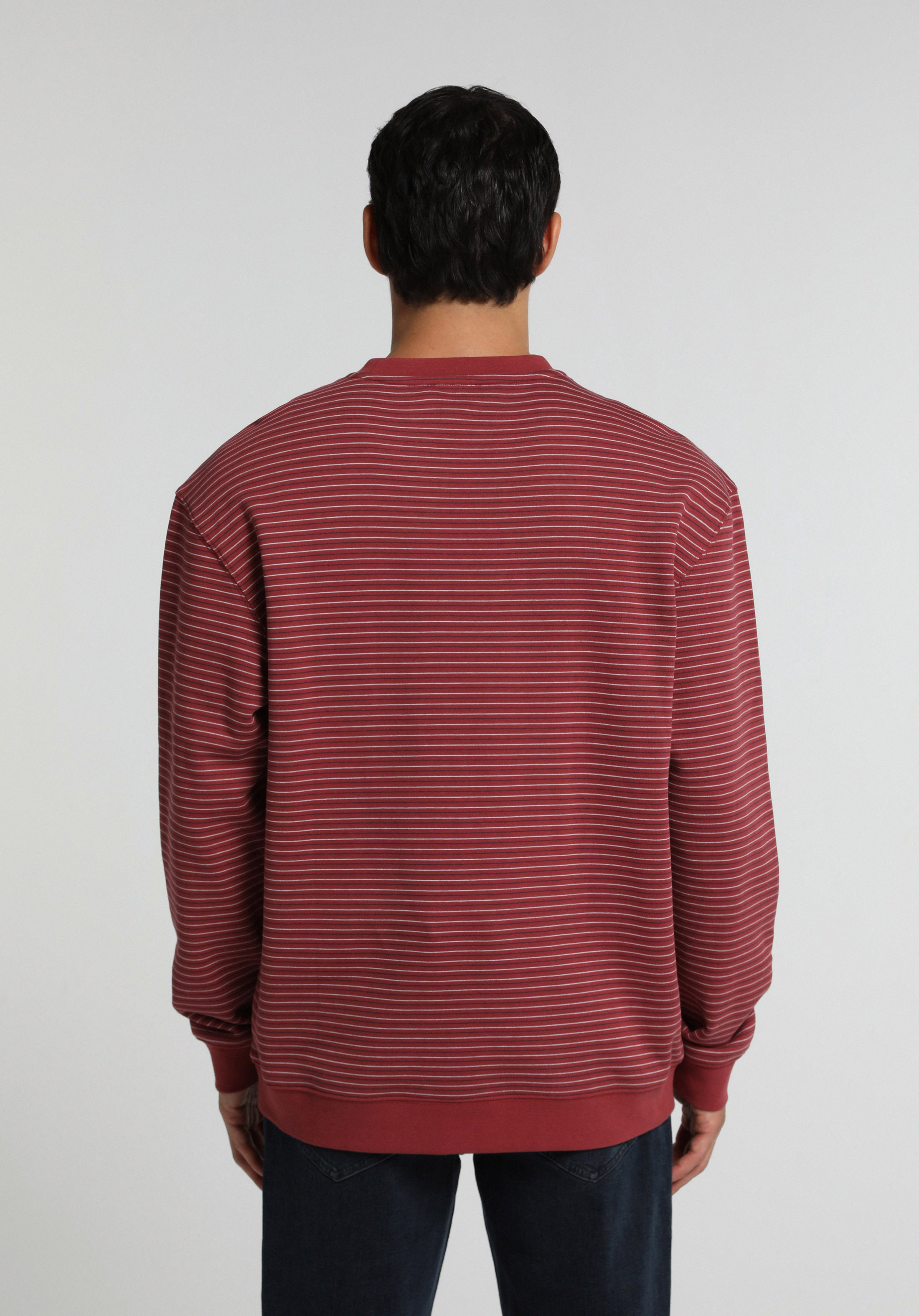 Relaxed Fit Yuvarlak Yaka Çizgili Erkek Kirmizi Sweatshirt