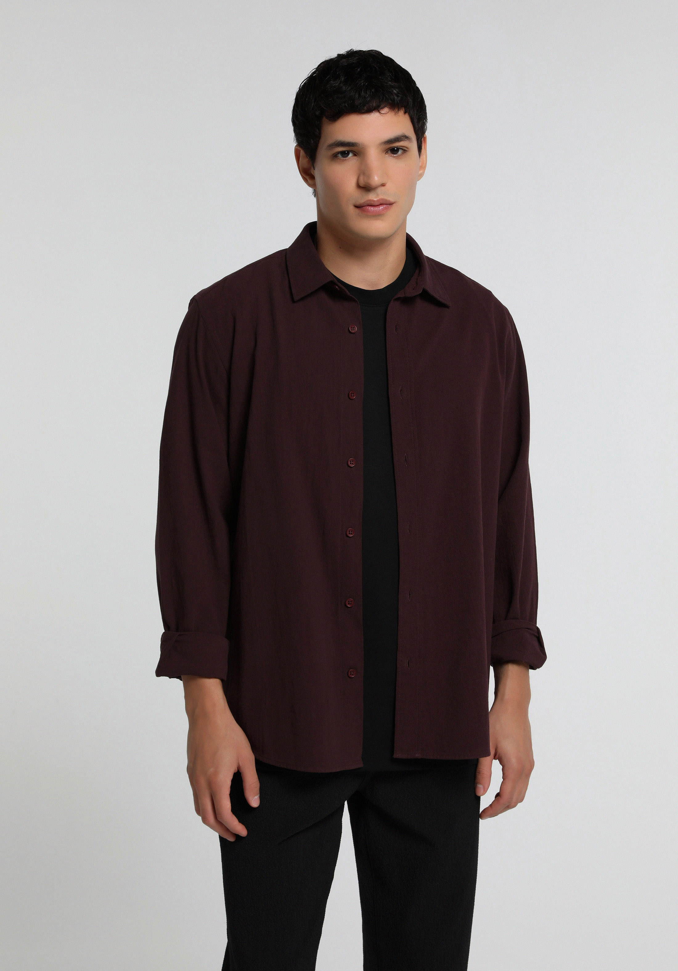 Regular Fit Shirt Neck Düz Erkek Bordo Uzun Kol Gömlek
