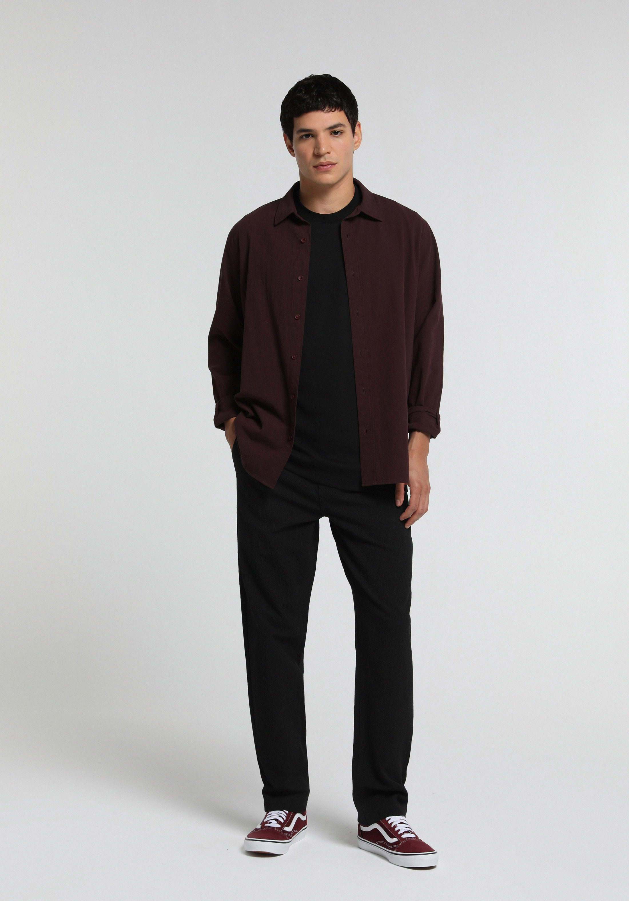 Regular Fit Shirt Neck Düz Erkek Bordo Uzun Kol Gömlek