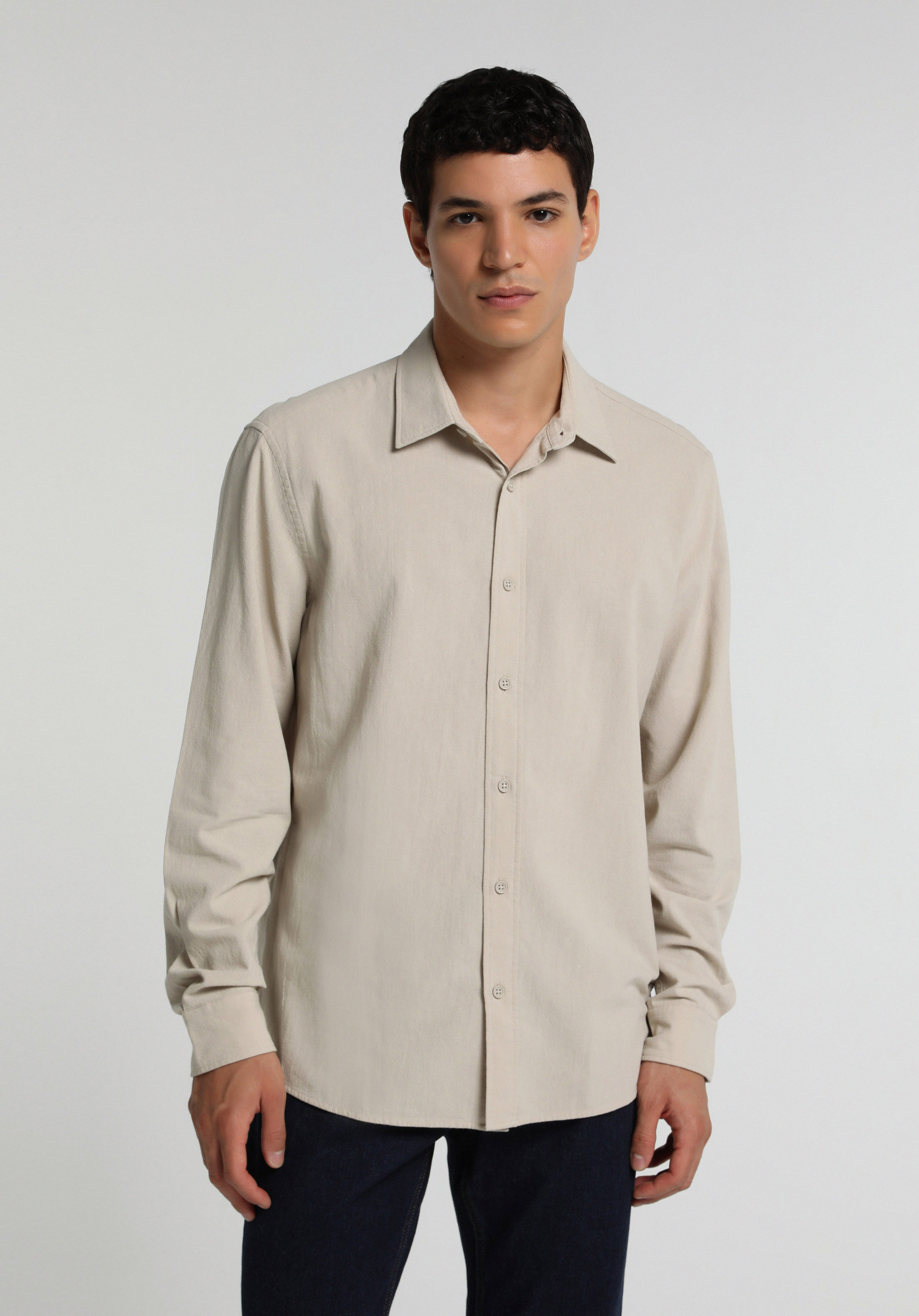 Regular Fit Shirt Neck Düz Erkek Taş Uzun Kol Gömlek
