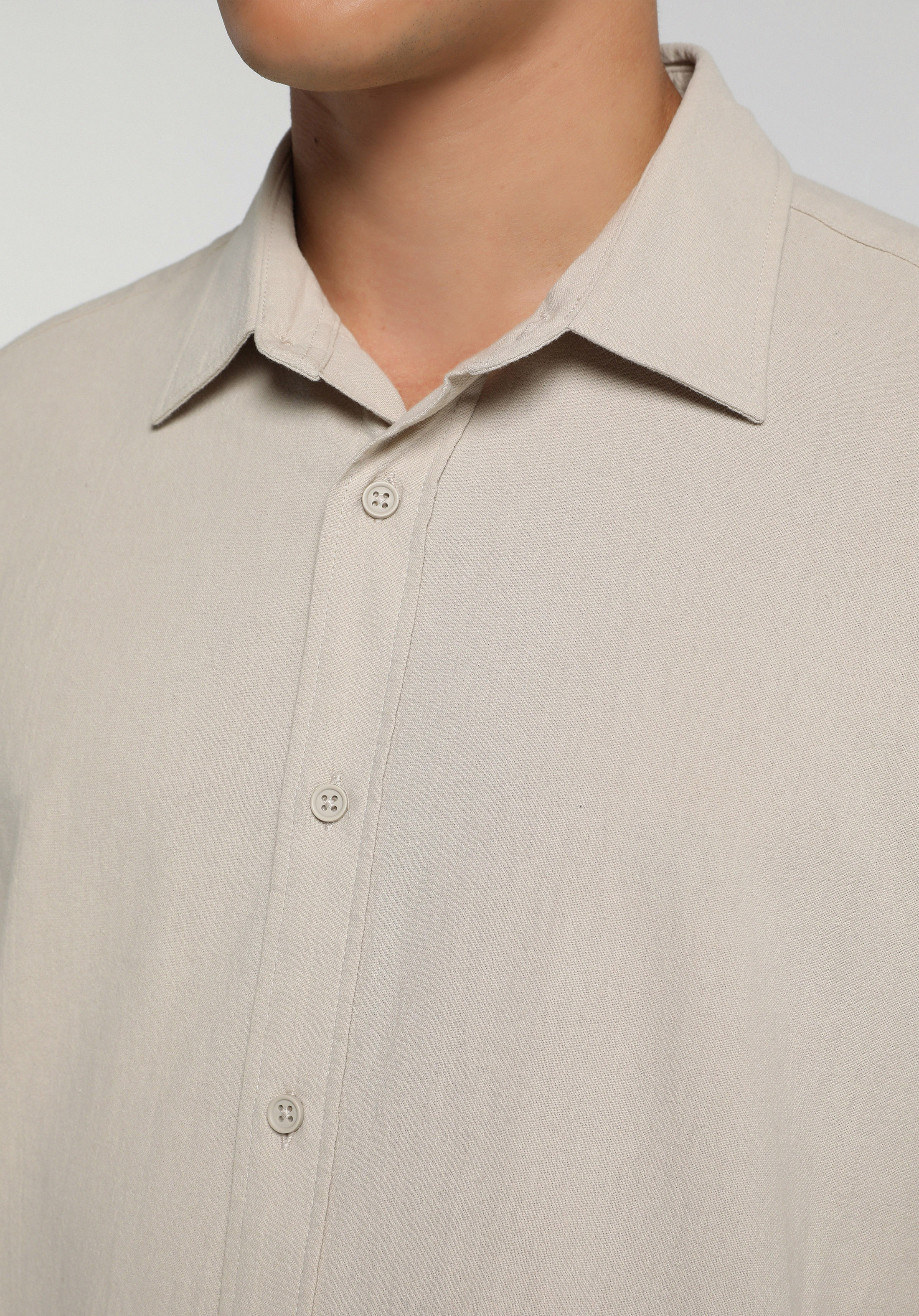 Regular Fit Shirt Neck Düz Erkek Taş Uzun Kol Gömlek