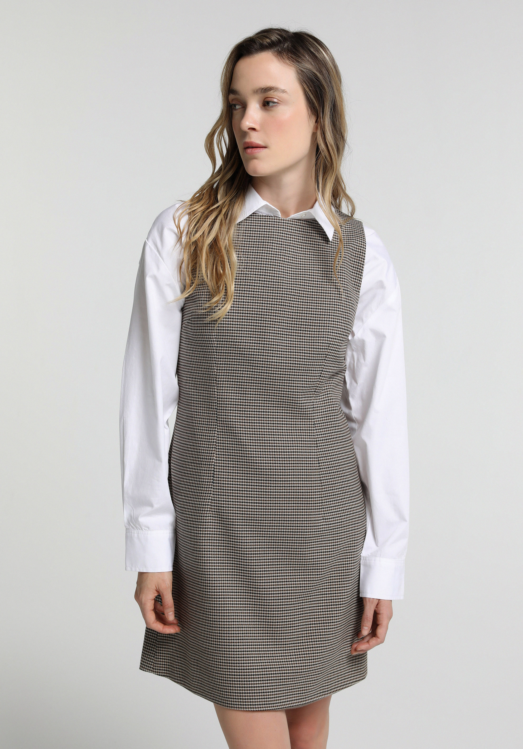 Slim Fit Ekoseli Kadın Kahverengi Kolsuz Elbise