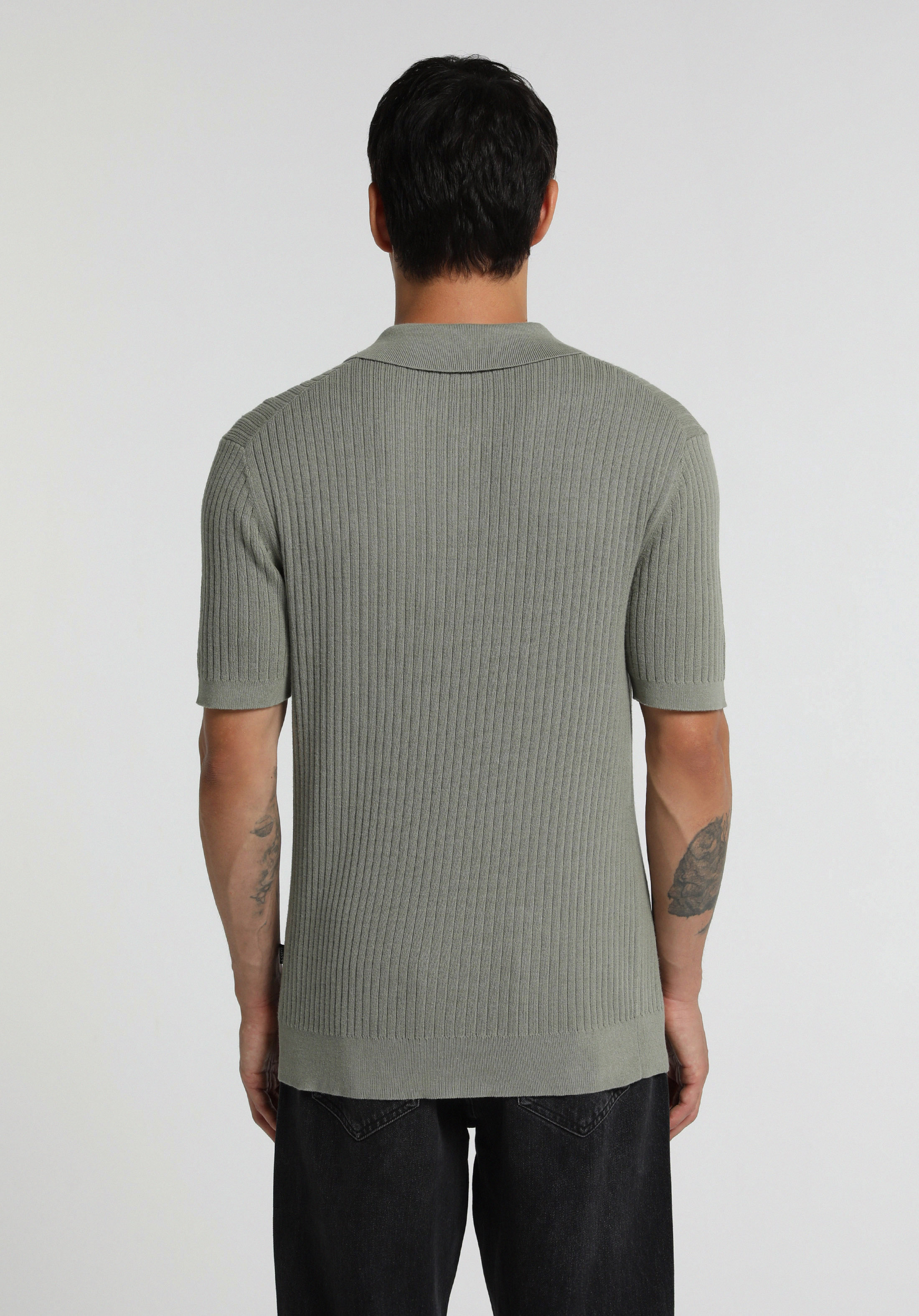 Regular Fit Polo Yaka Jakarlı Erkek Yeşil Kısa Kol Kazak