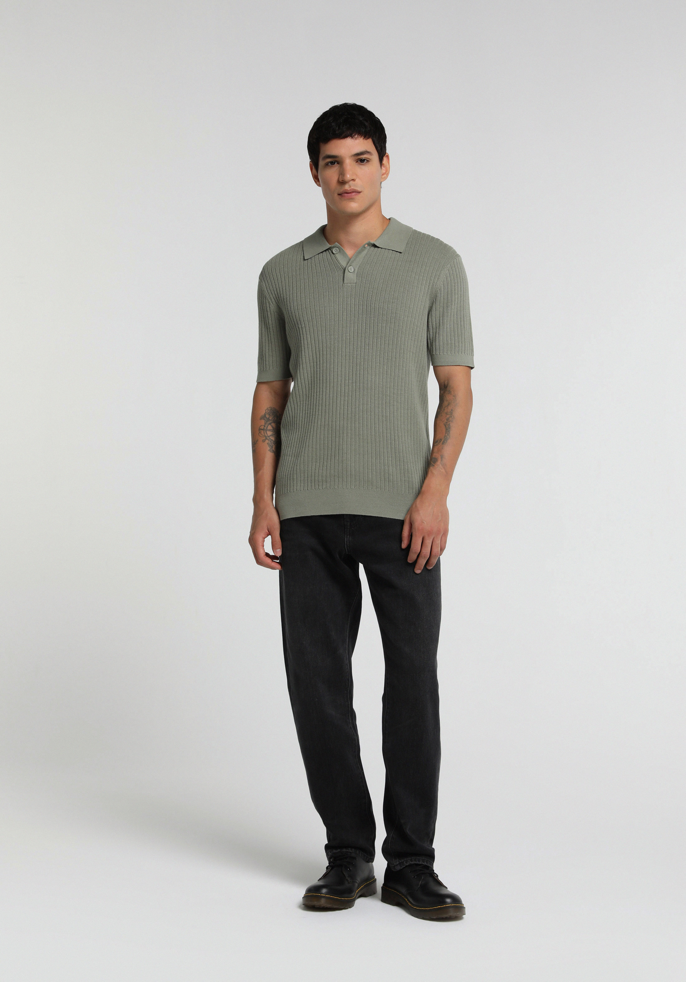 Regular Fit Polo Yaka Jakarlı Erkek Yeşil Kısa Kol Kazak