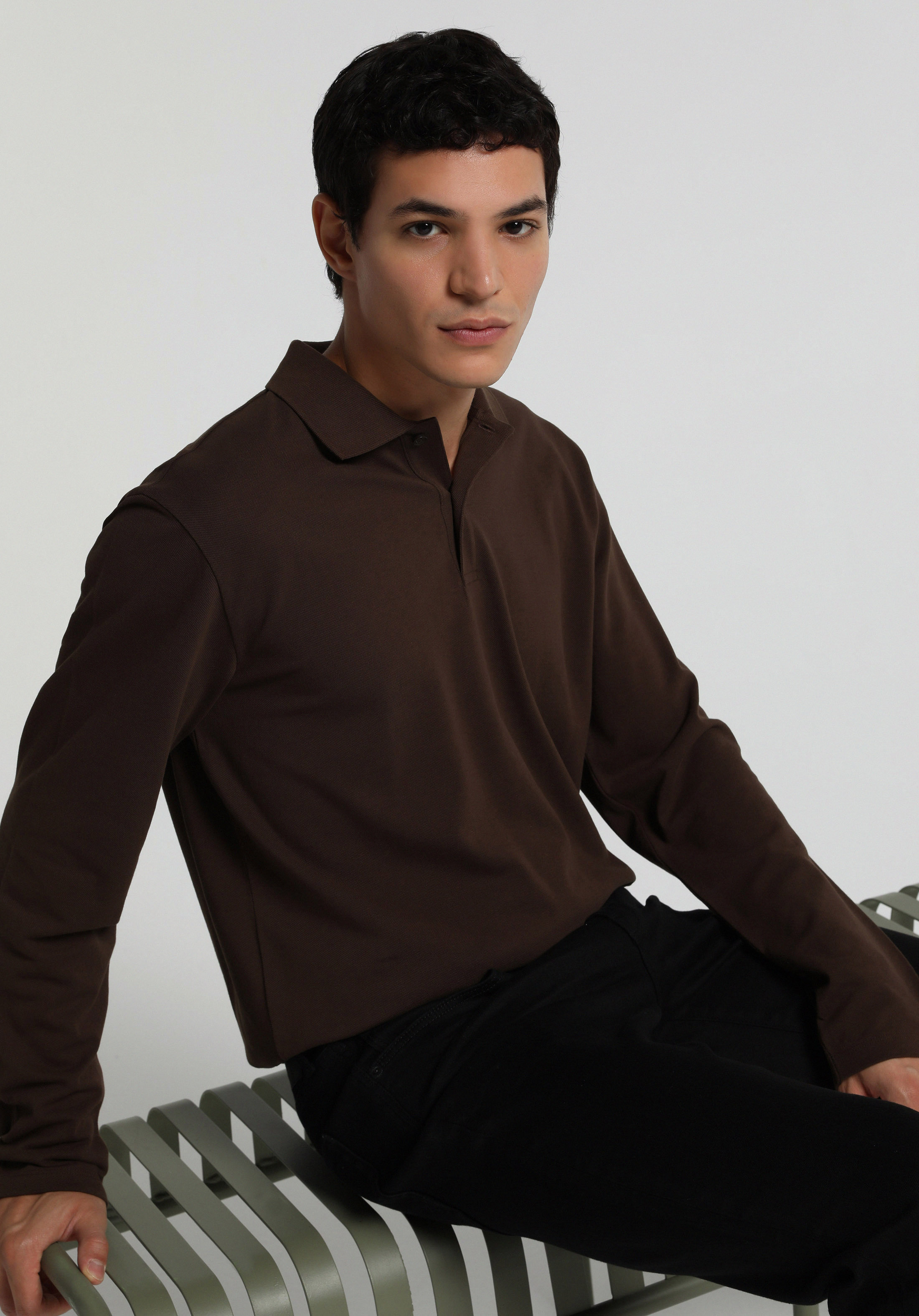 Regular Fit Polo Yaka Düz Erkek Kahverengi Uzun Kol Tişört