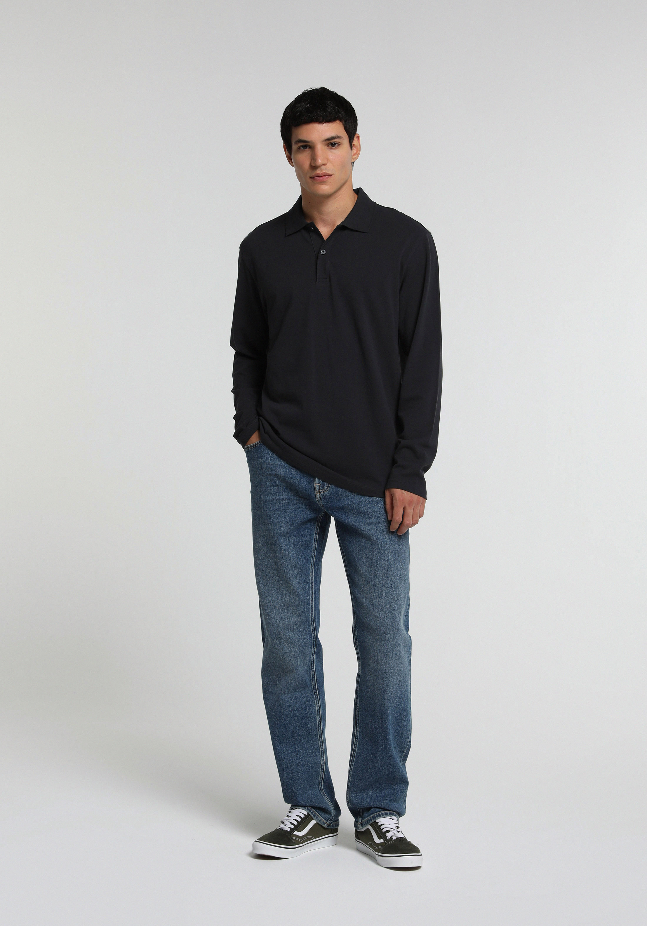 Regular Fit Polo Yaka Düz Erkek Lacivert Uzun Kol Tişört