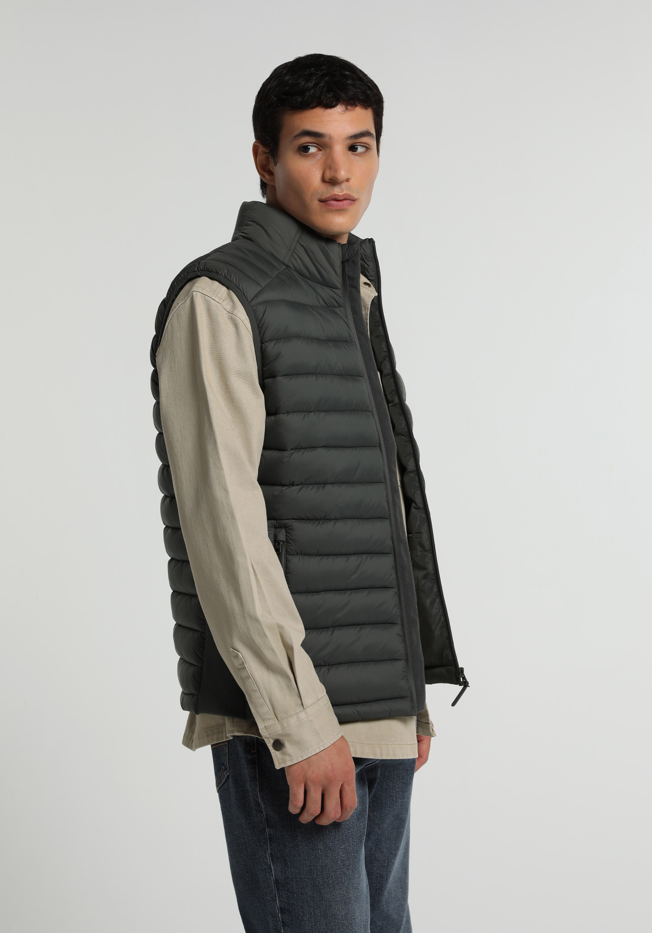 Slim Fit Dik Yaka Fermuarlı Astarlı  Erkek Yeşil Yelek