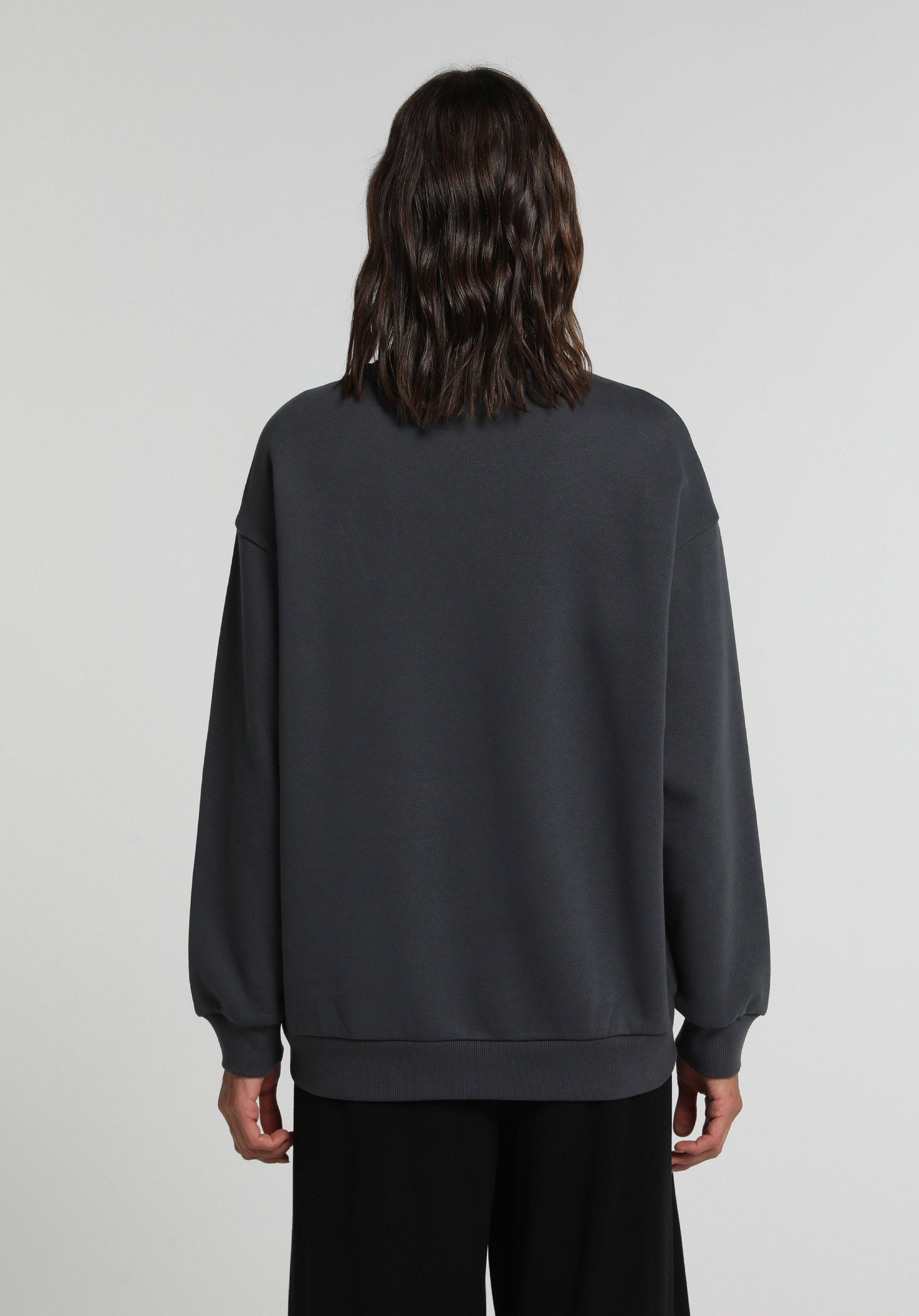 Relaxed Fit Yuvarlak Yaka Baskılı Kadın Antrasit Sweatshirt