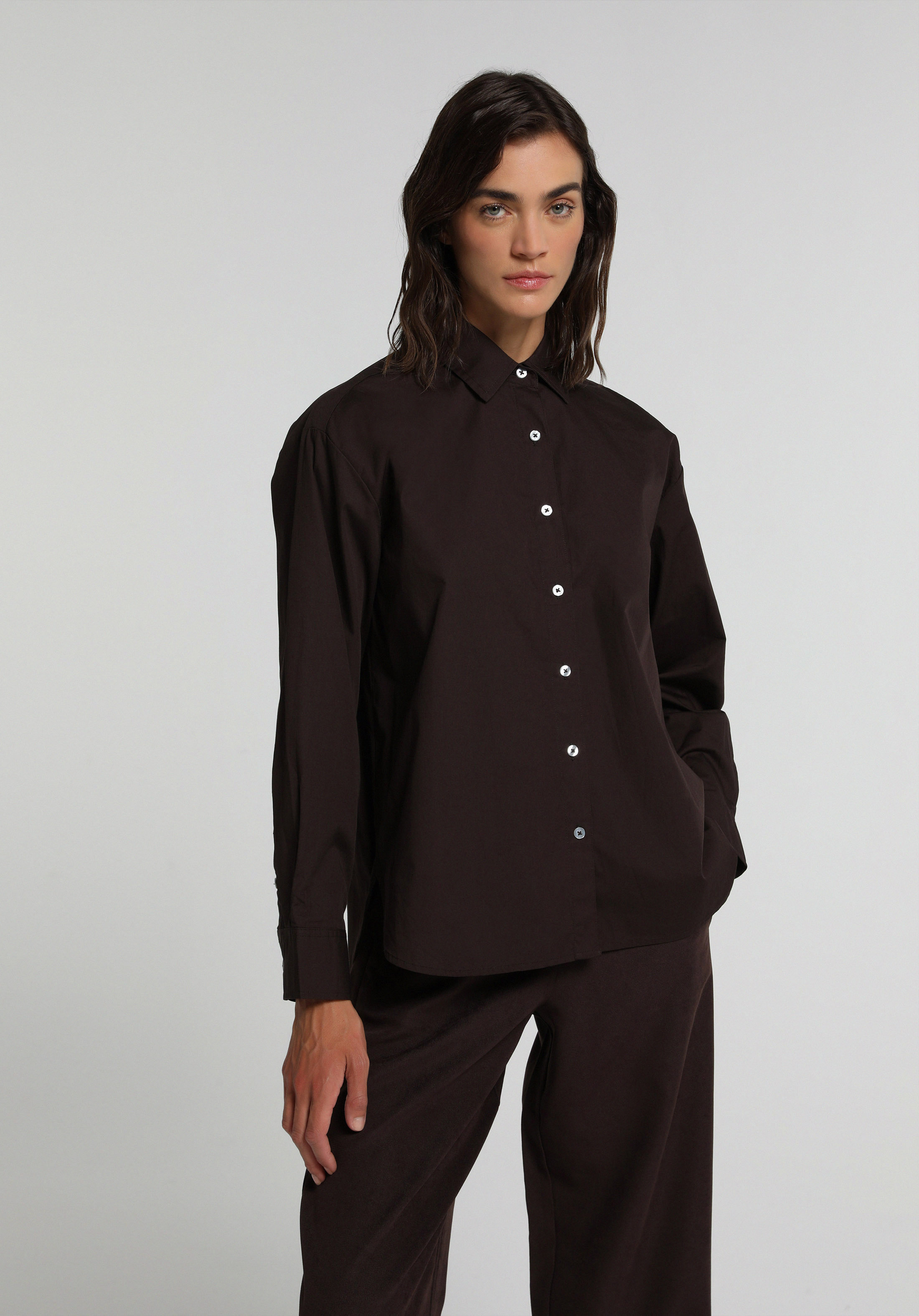 Boyfriend Fit Shirt Neck Düz Kadın Kahverengi Uzun Kol Gömlek