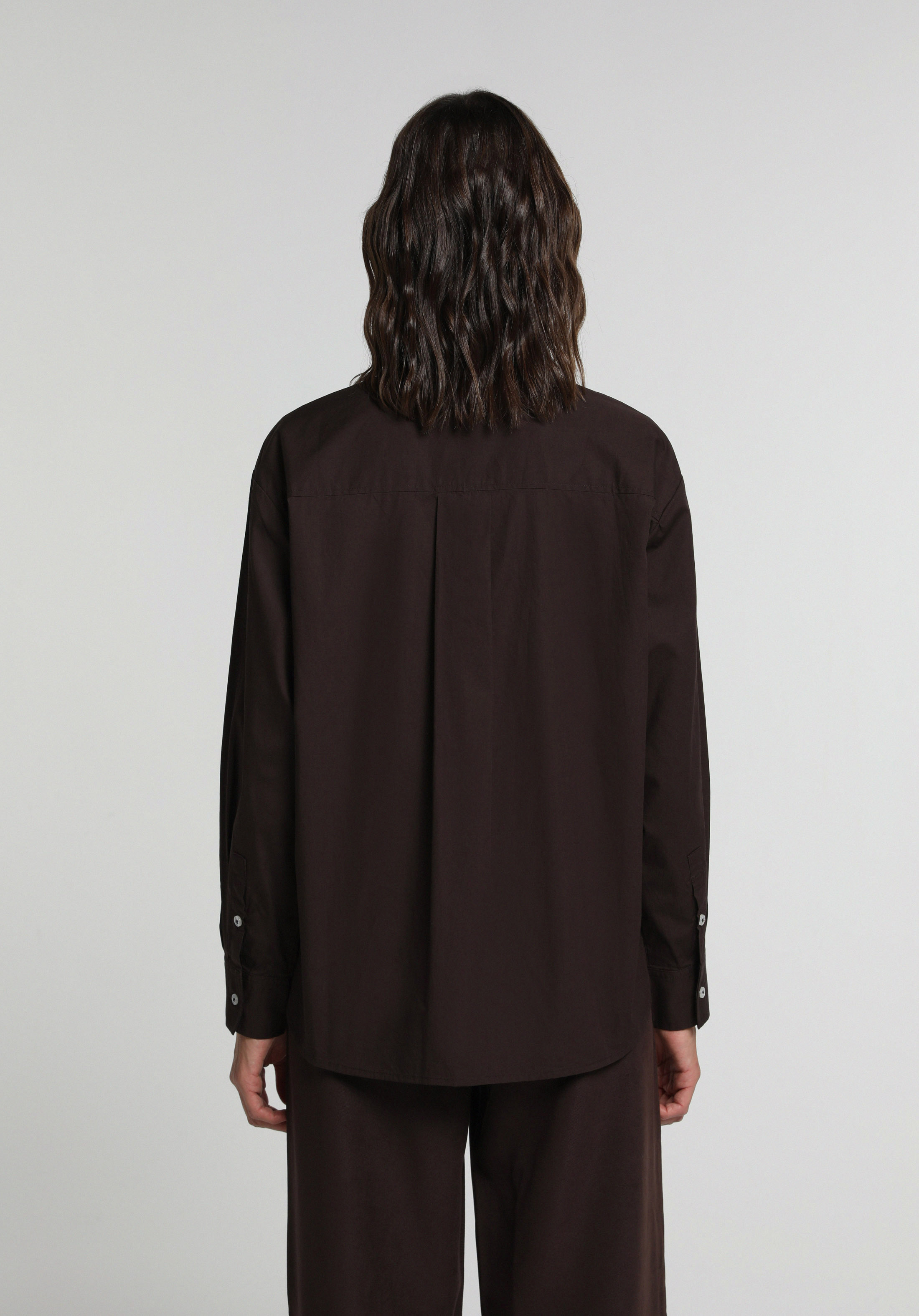 Boyfriend Fit Shirt Neck Düz Kadın Kahverengi Uzun Kol Gömlek