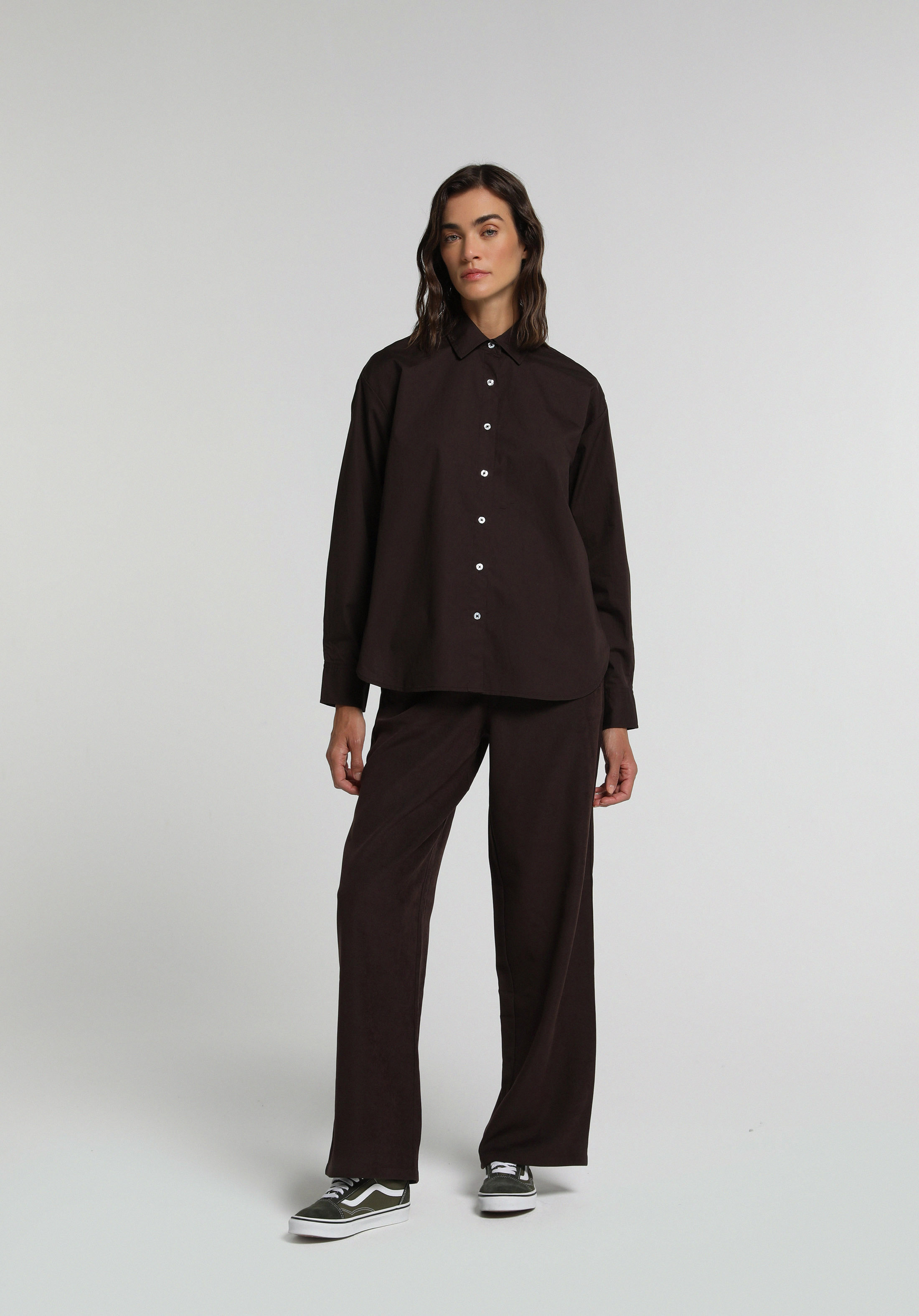 Boyfriend Fit Shirt Neck Düz Kadın Kahverengi Uzun Kol Gömlek