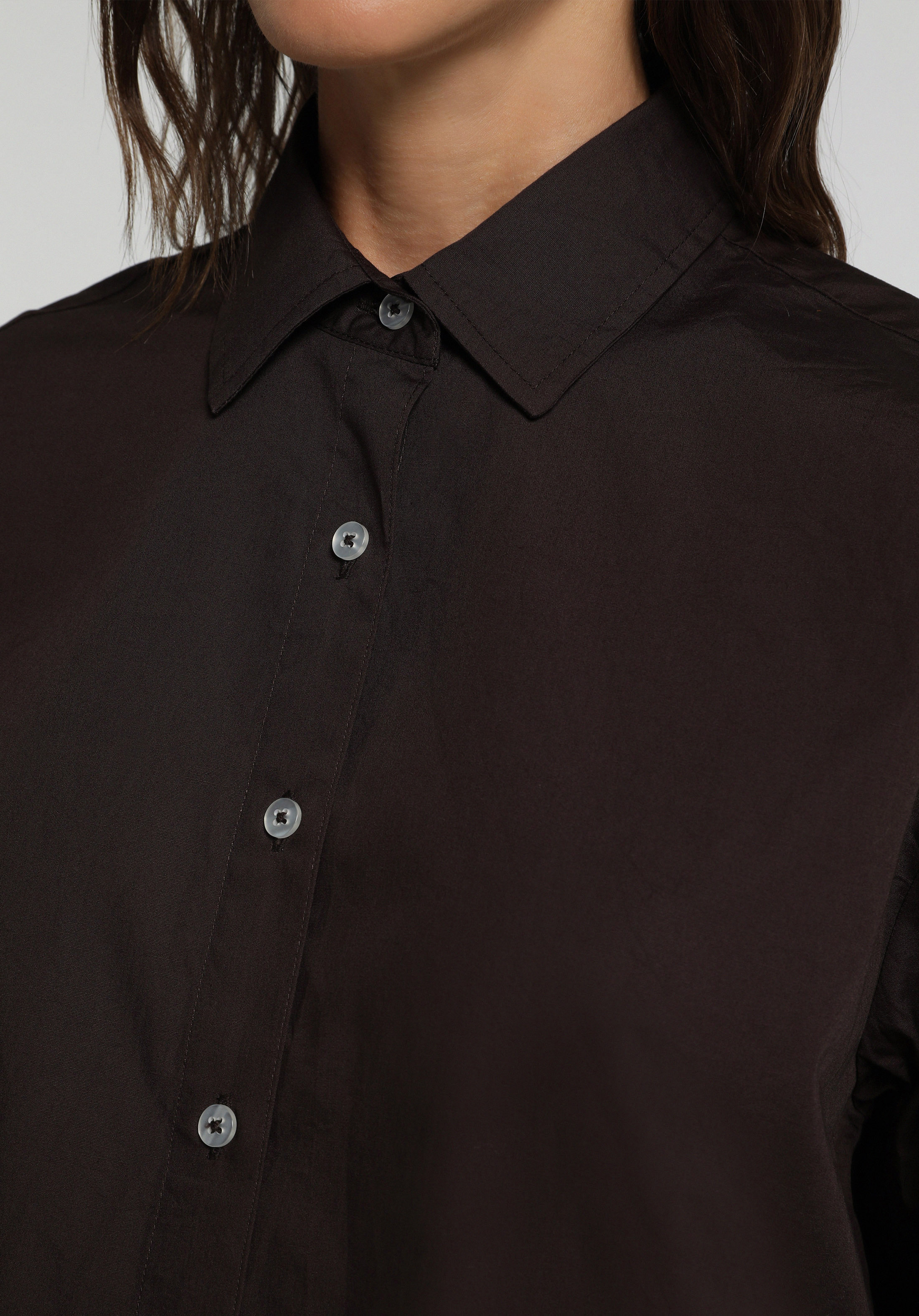 Boyfriend Fit Shirt Neck Düz Kadın Kahverengi Uzun Kol Gömlek