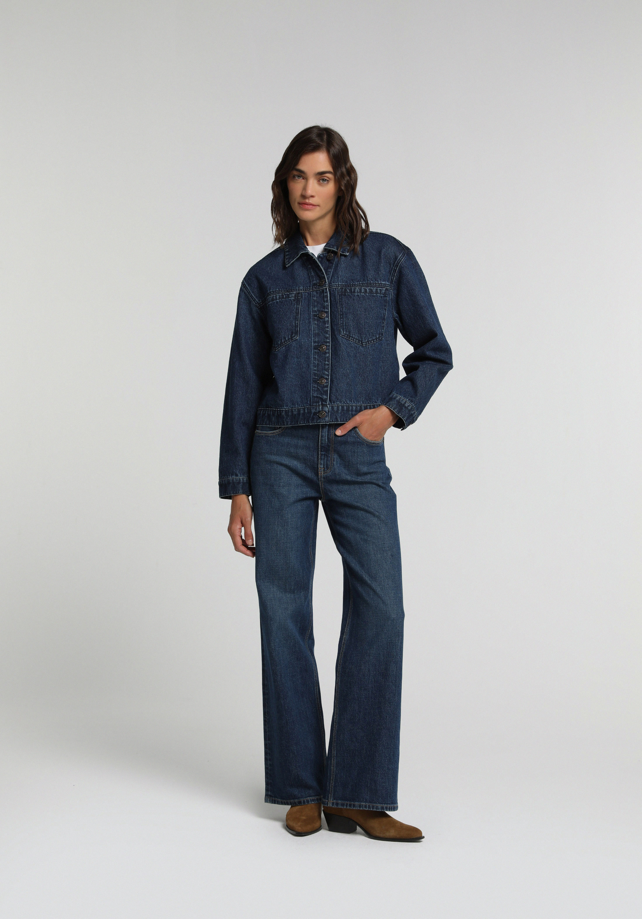 Oversize Fit Düğmeli Astarsız  Kadın Dark İndigo Denim Ceket