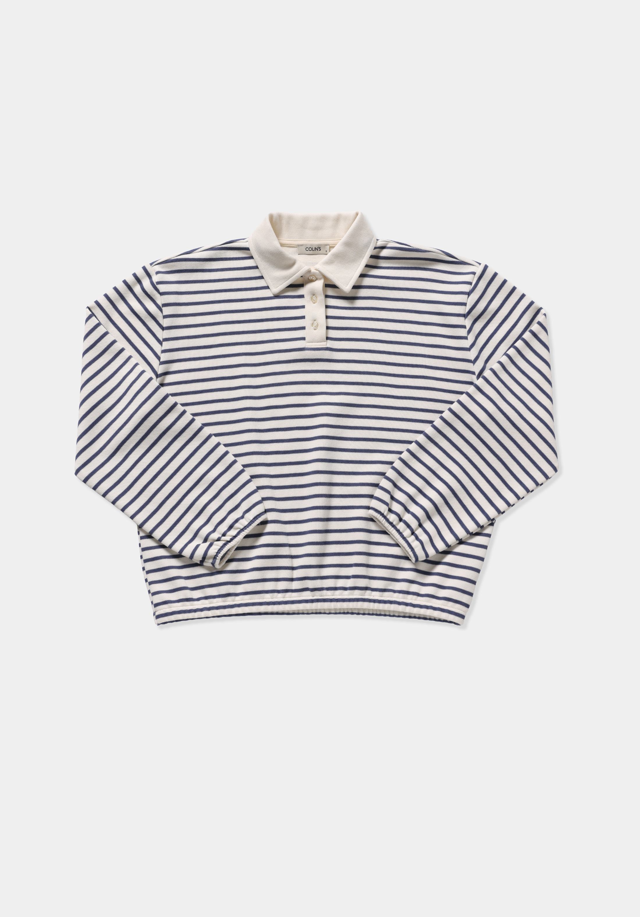 Regular Fit Polo Yaka Çizgili Kadın Mavi Sweatshirt