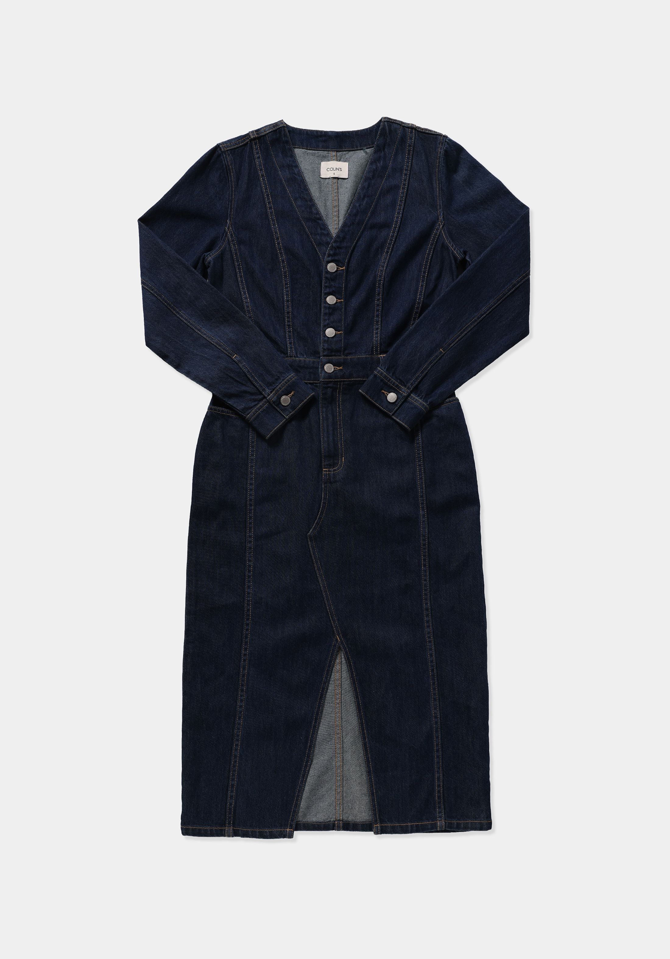 Slim Fit Düz Kadın Dark İndigo Denim Uzun Kol Elbise