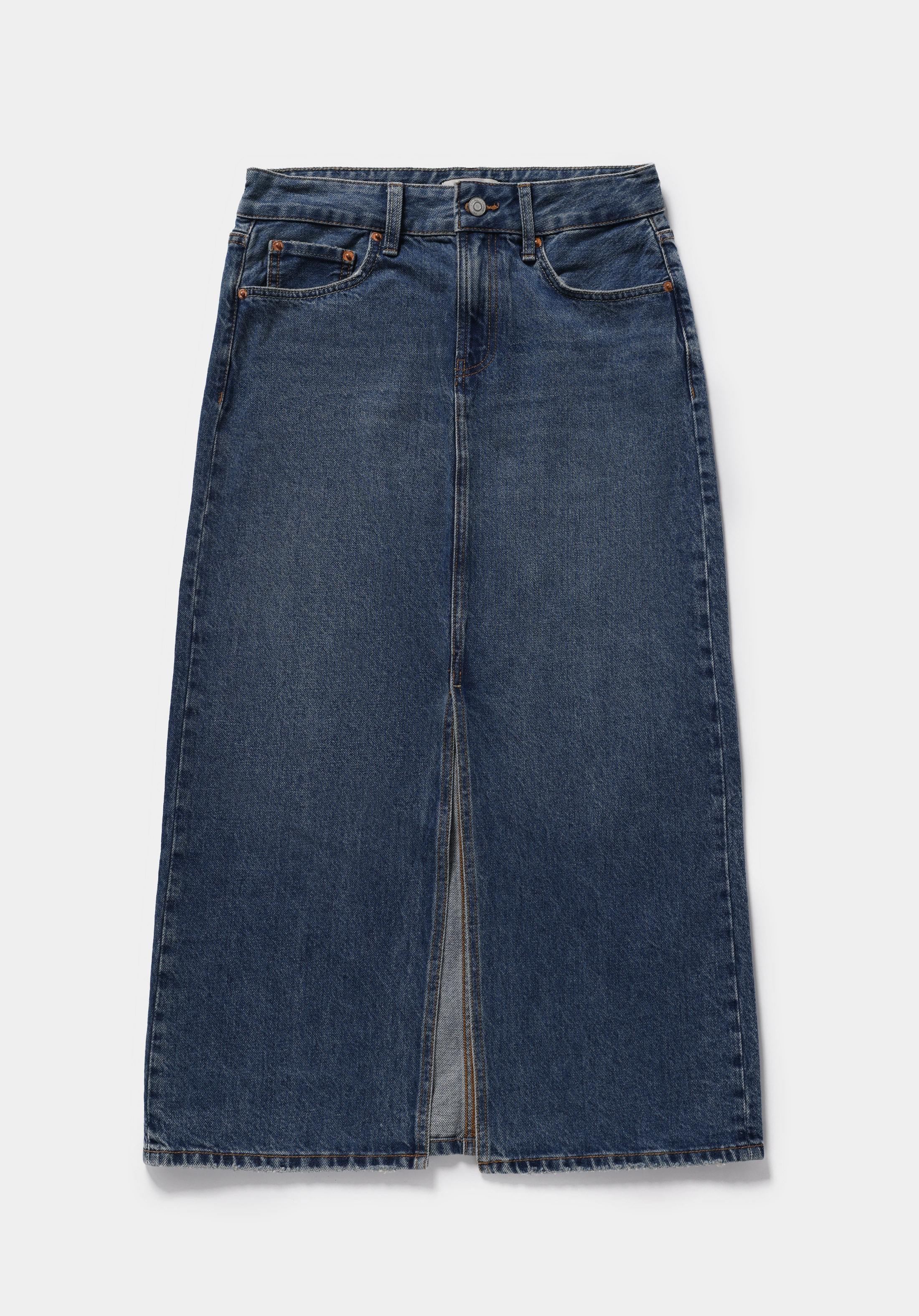 Slim Fit Düz Fermuarlı Kadın Mid İndigo Denim Etek