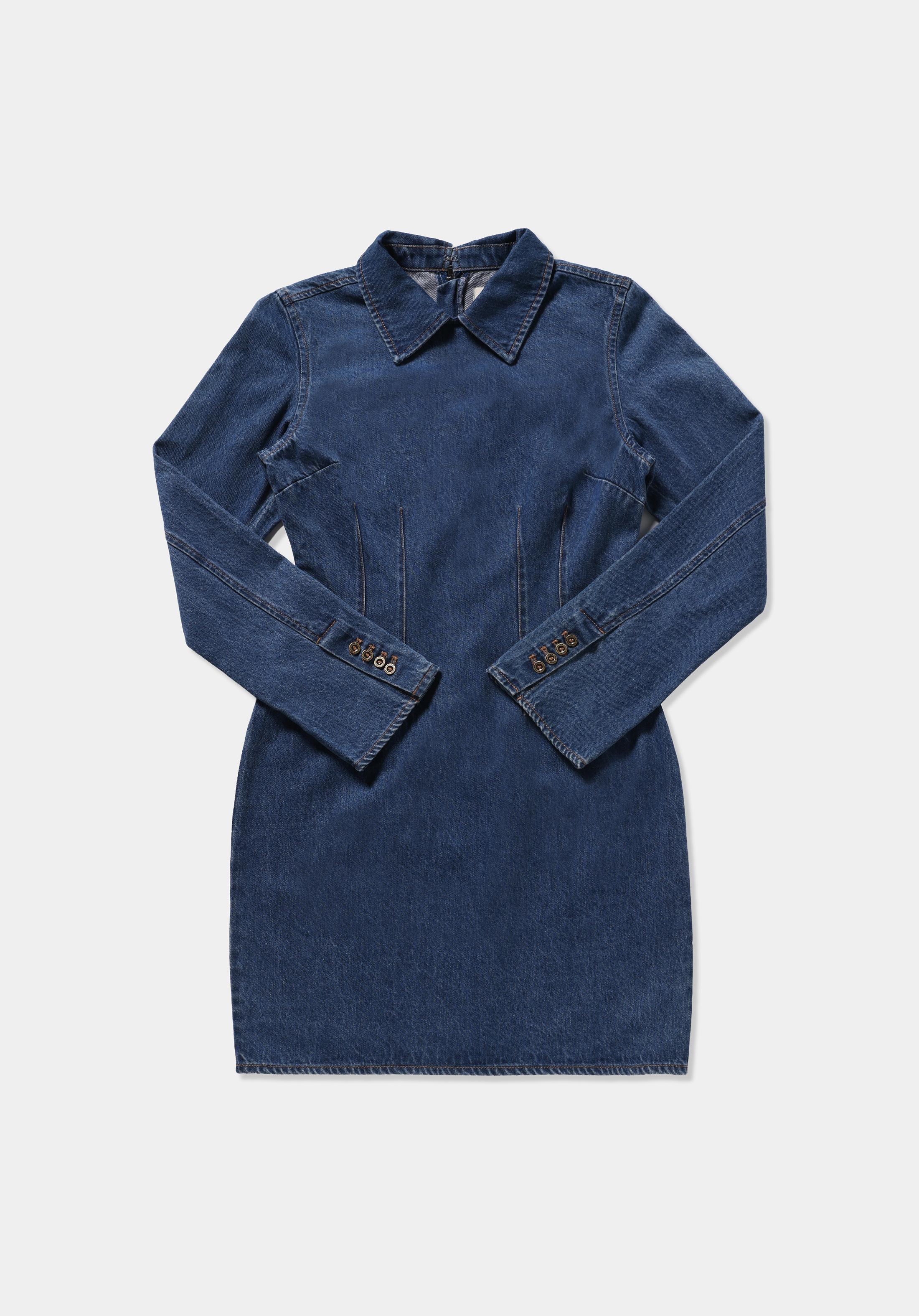 Slim Fit Düz Kadın Mid İndigo Denim Uzun Kol Elbise