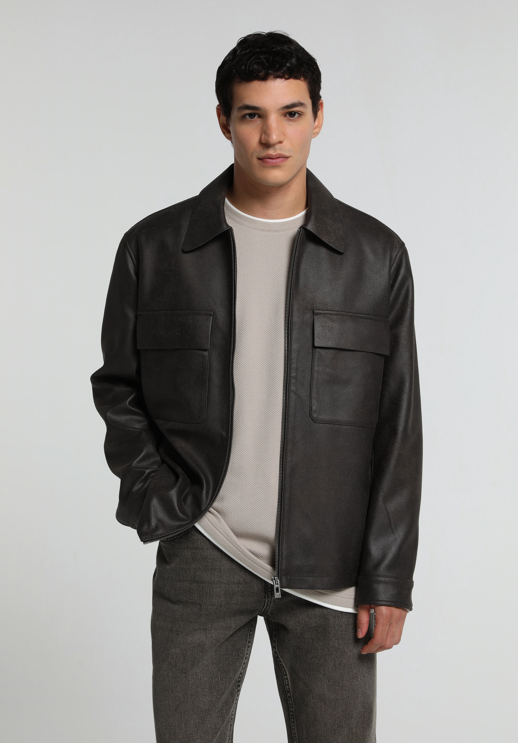 Regular Fit Shirt Neck Fermuarlı Astarlı  Erkek Kahverengi Mont Pu