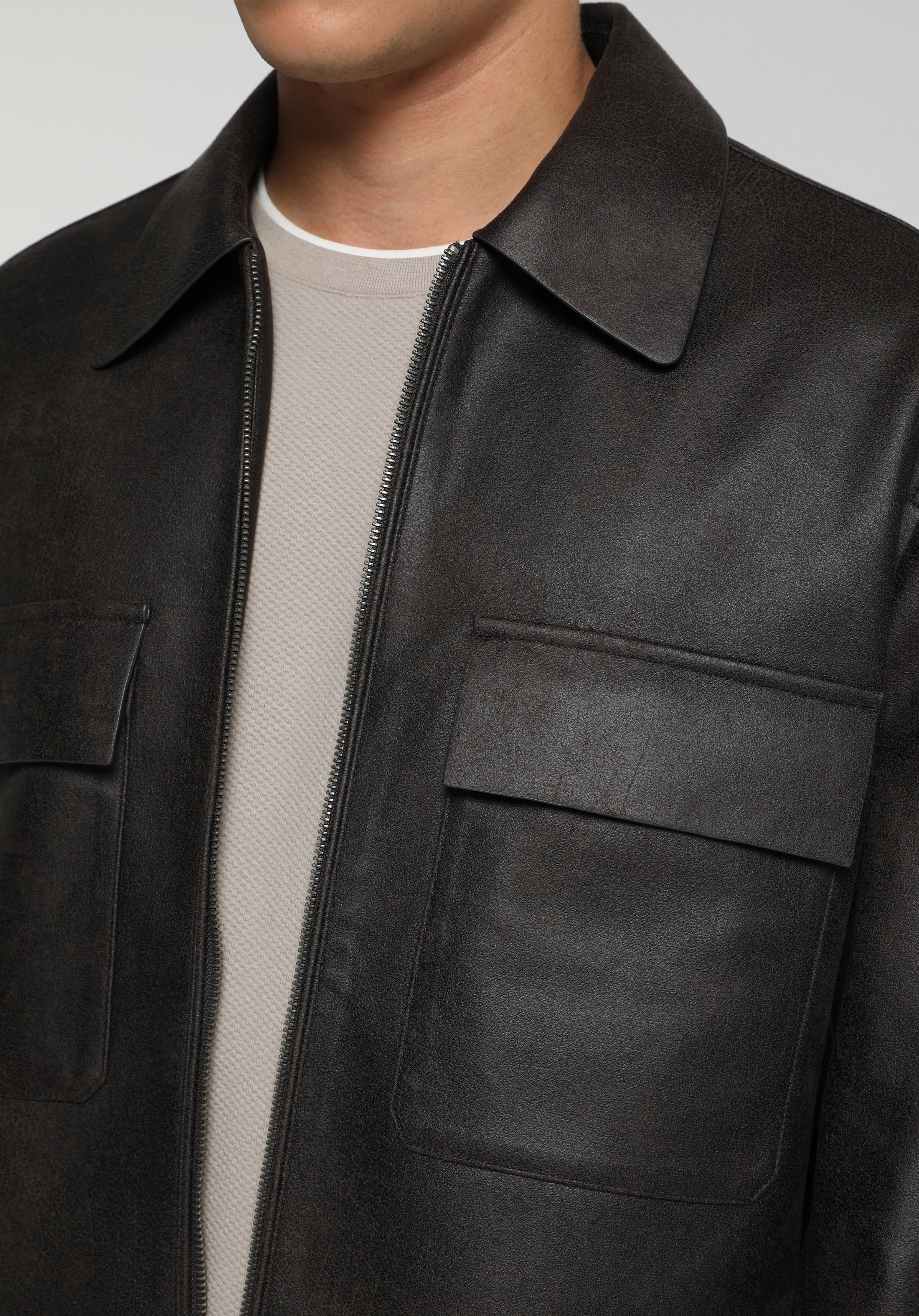 Regular Fit Shirt Neck Fermuarlı Astarlı  Erkek Kahverengi Mont Pu