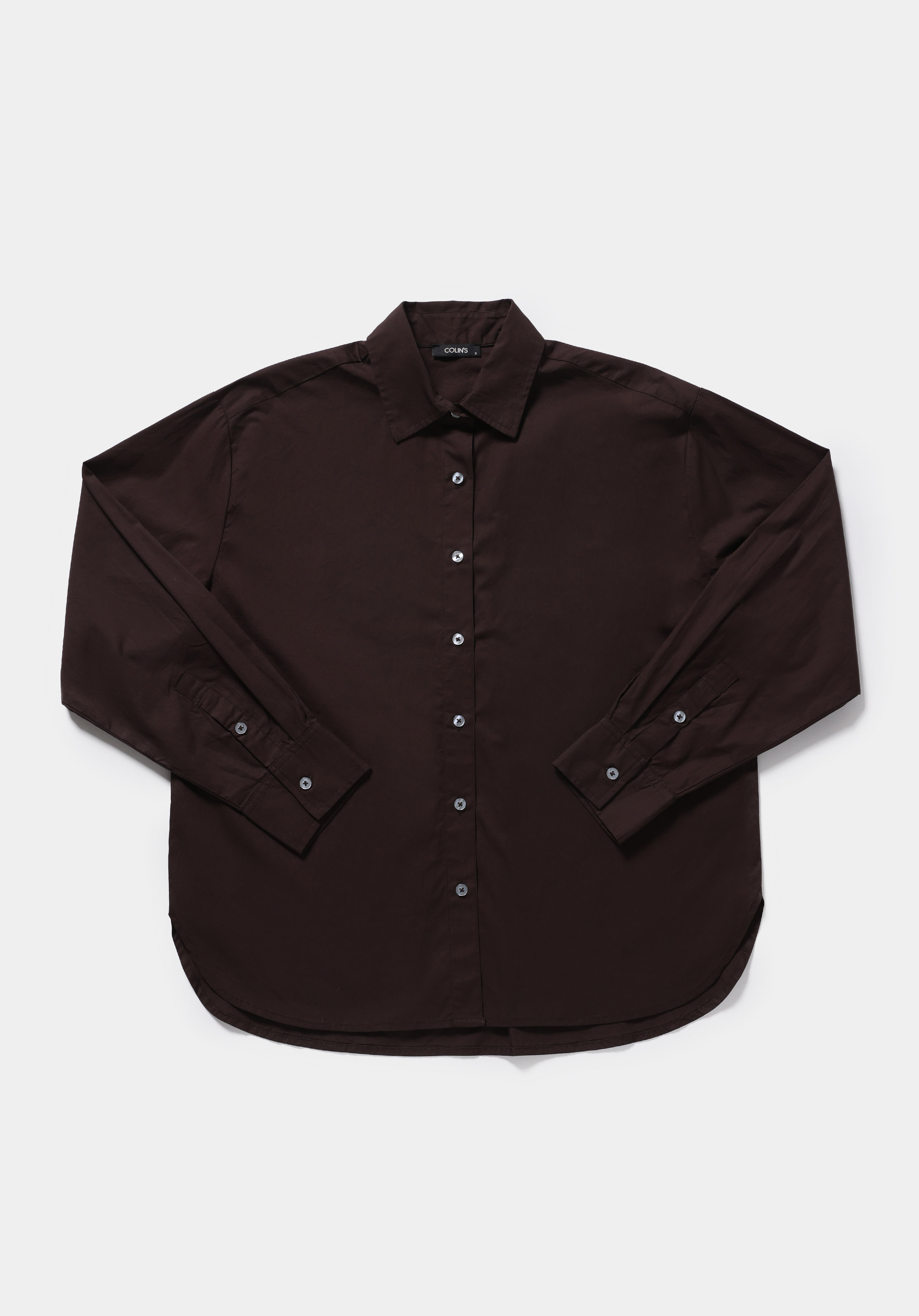 Boyfriend Fit Shirt Neck Düz Kadın Kahverengi Uzun Kol Gömlek
