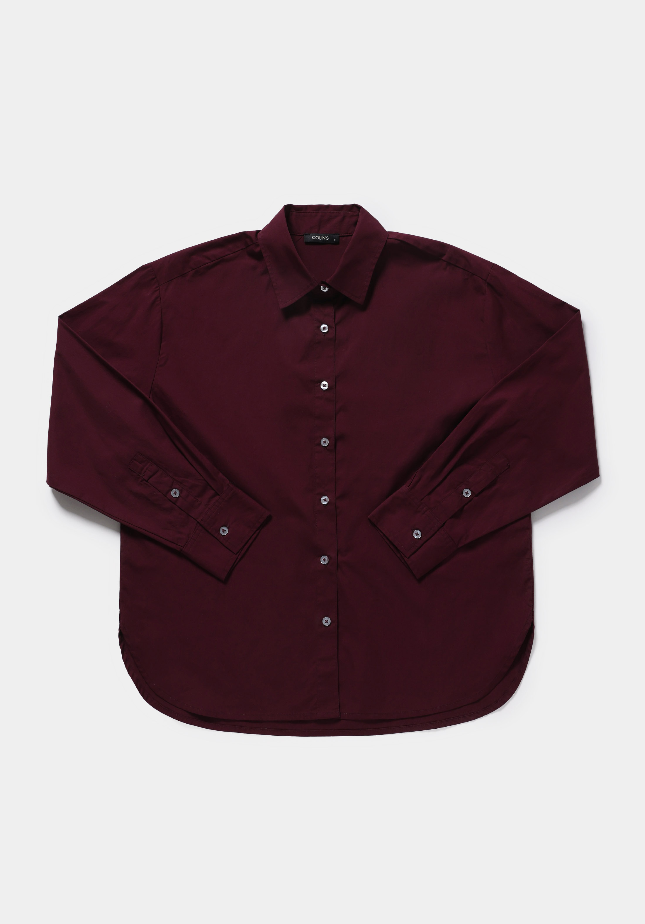 Boyfriend Fit Shirt Neck Düz Kadın Bordo Uzun Kol Gömlek