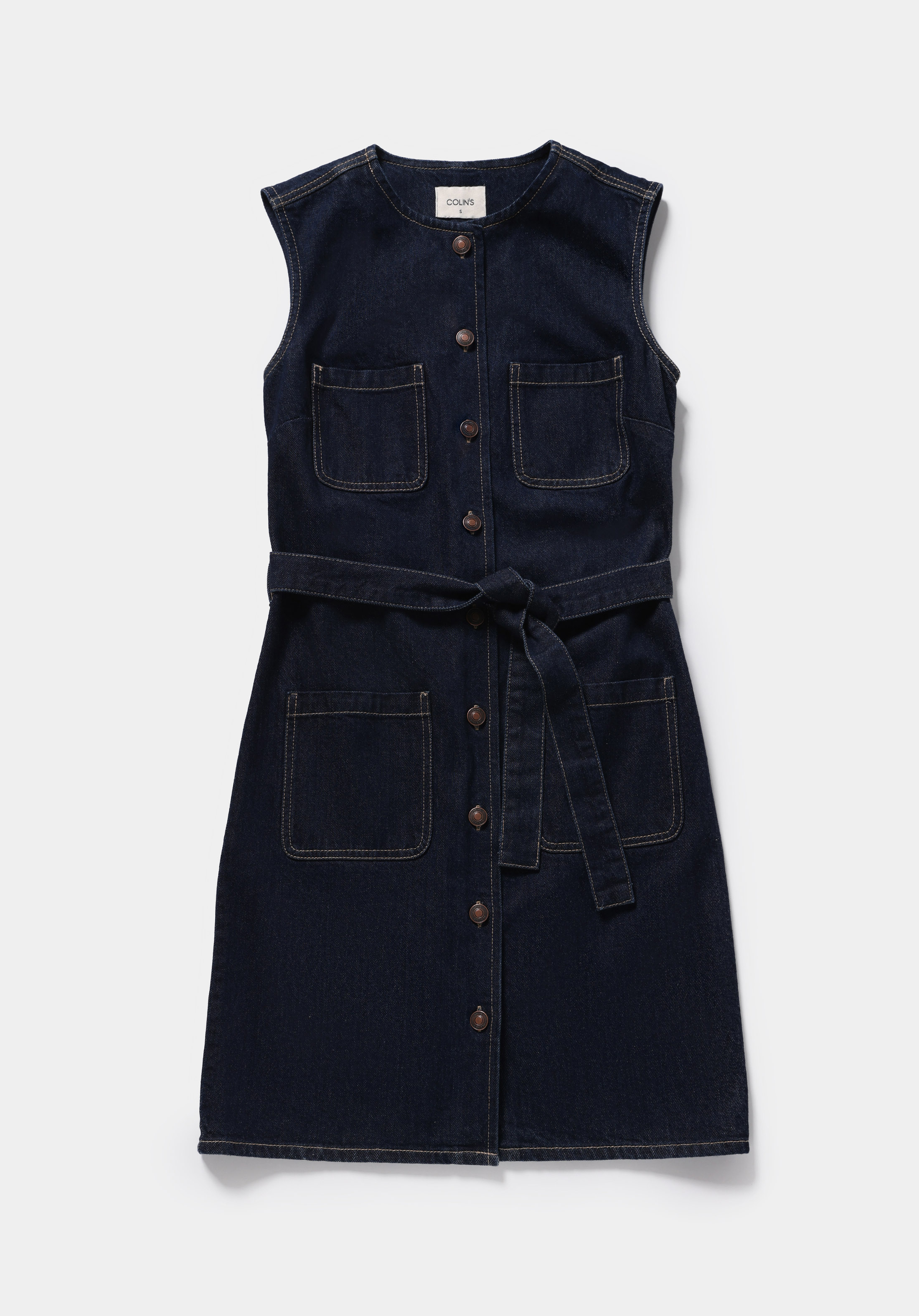 Slim Fit Düz Kadın Dark İndigo Denim Kolsuz Elbise