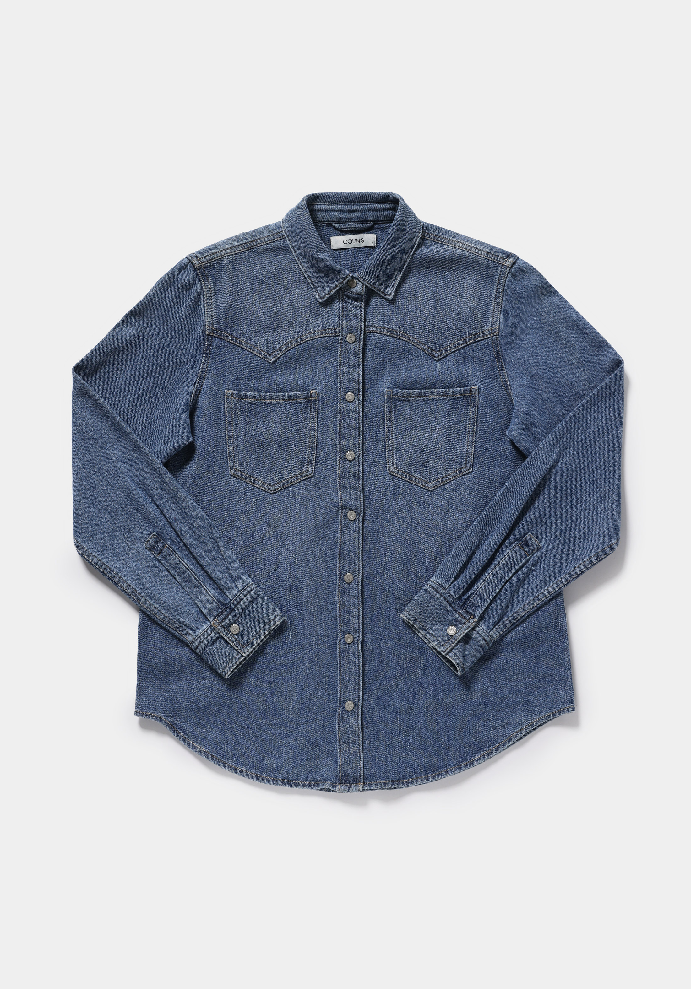 Regular Fit Klasik Yaka Düz Kadın Mid İndigo Denim Uzun Kol Gömlek