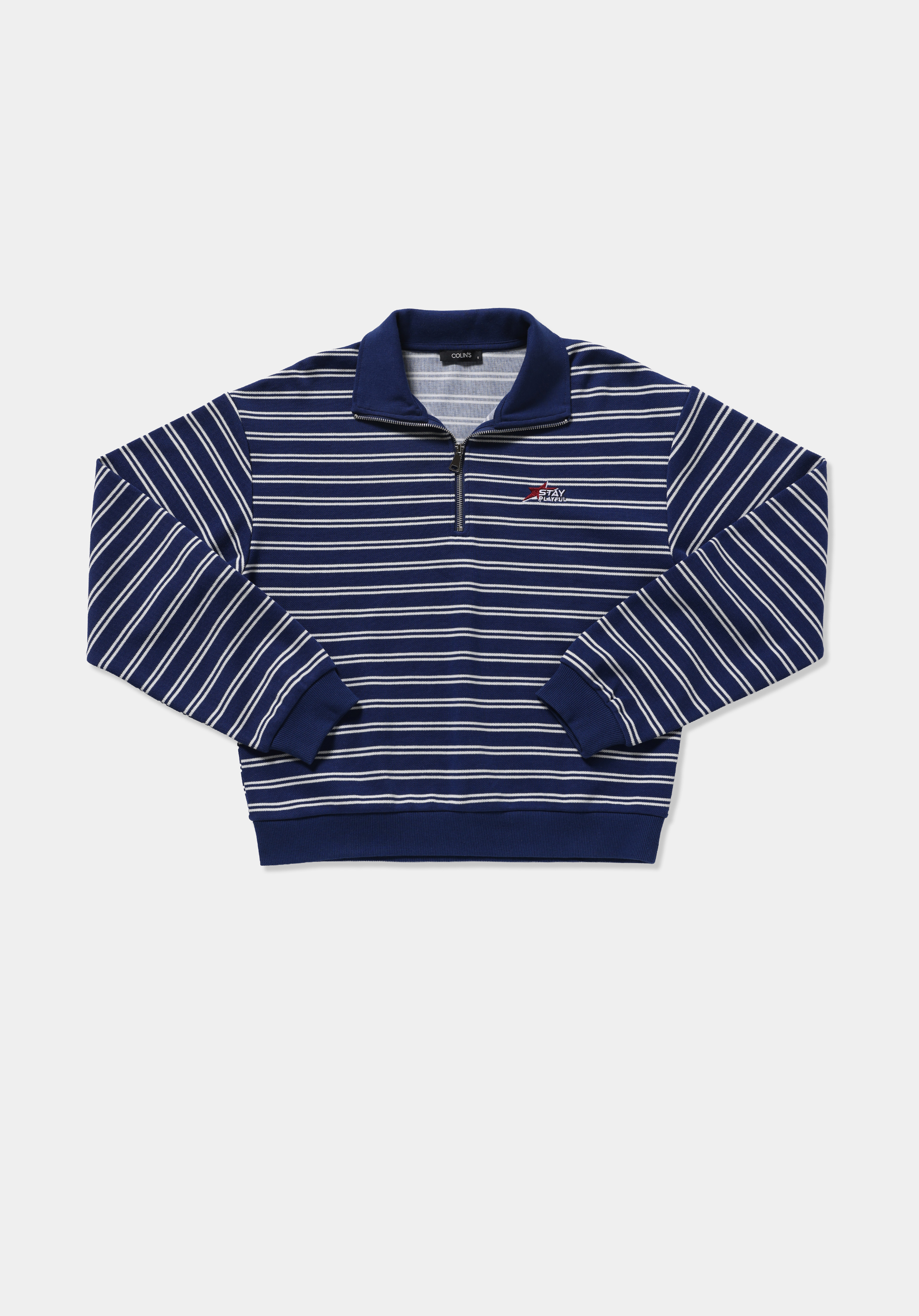 Regular Fit Polo Yaka Çizgili Kadın Lacivert Sweatshirt
