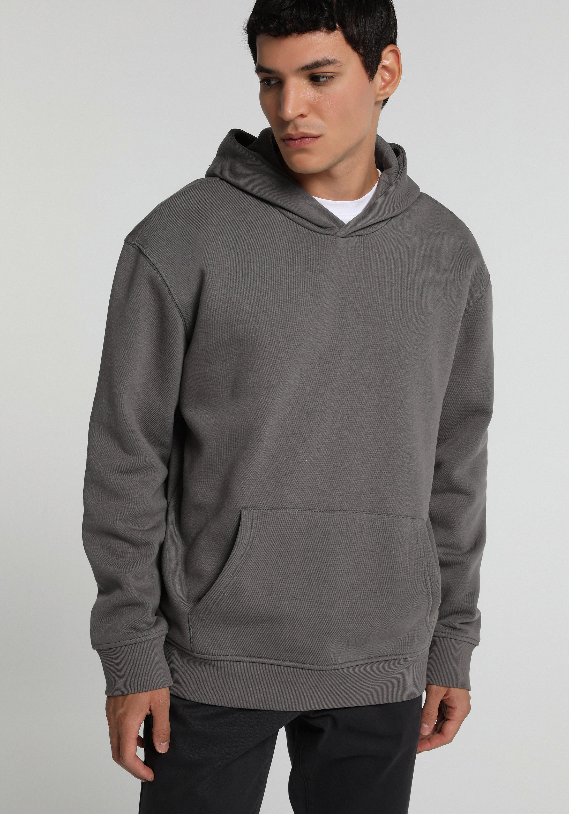 Relaxed Fit Kapüşonlu Düz Erkek Gri Sweatshirt