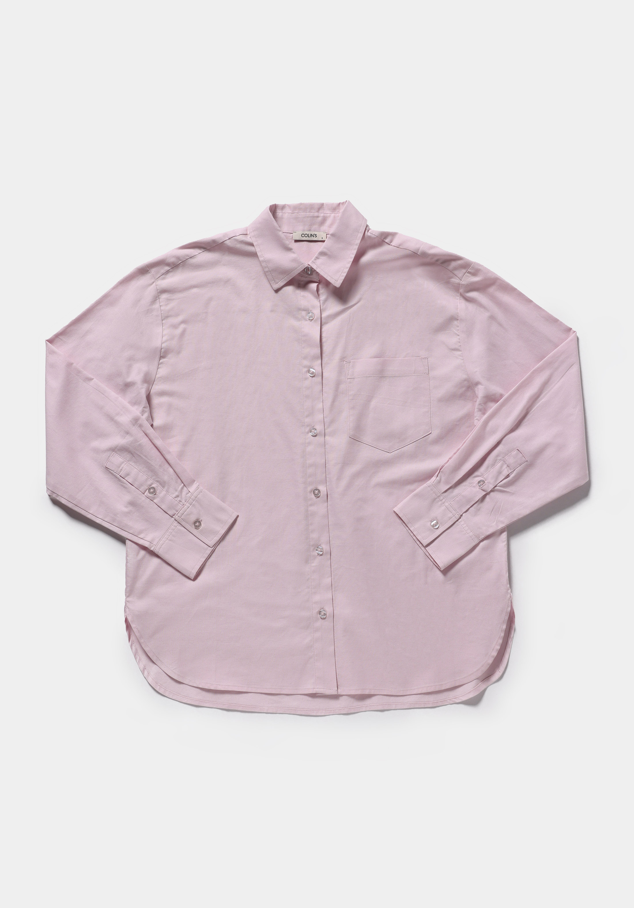 Boyfriend Fit Shirt Neck Düz Kadın Pembe Uzun Kol Gömlek