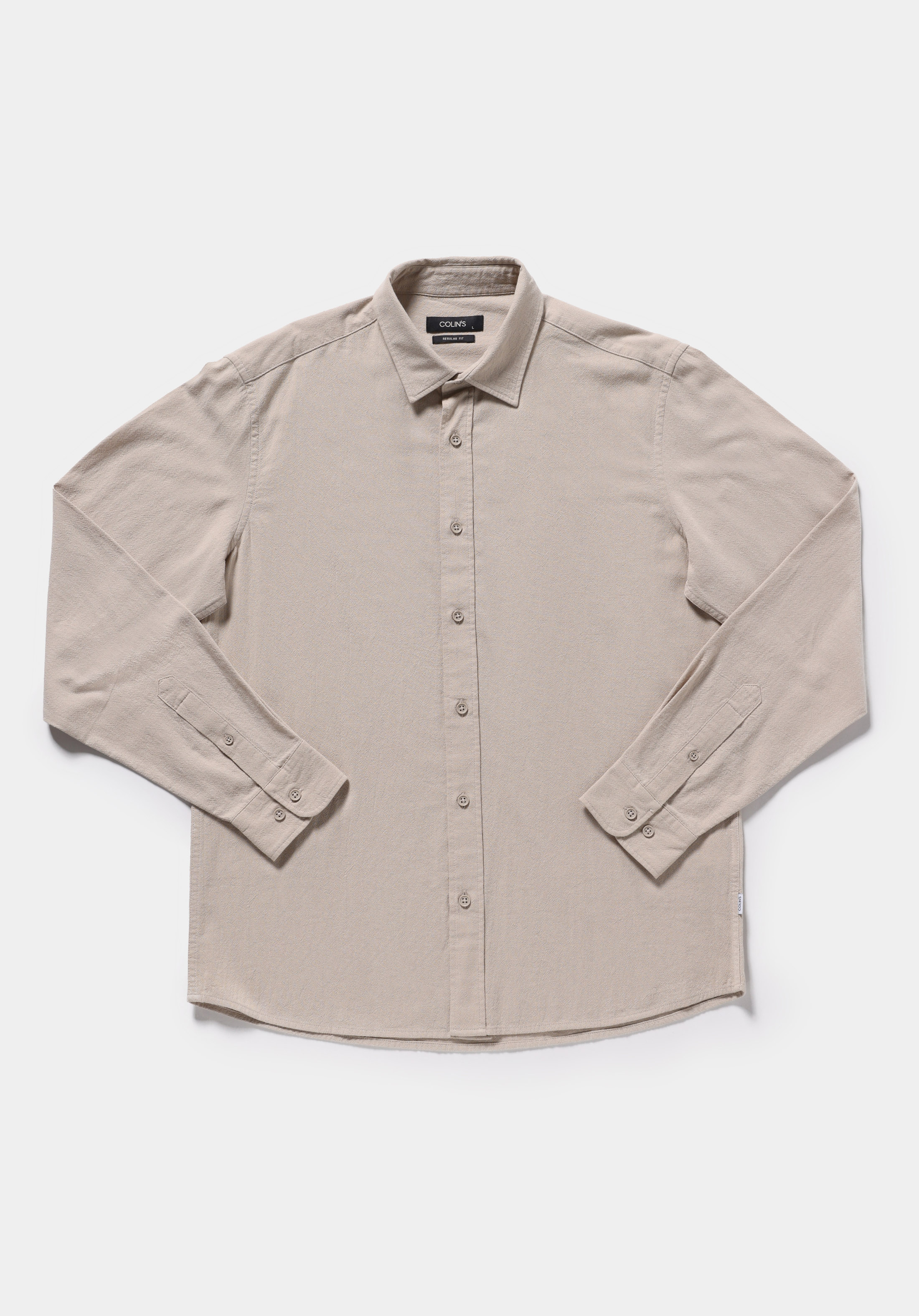 Regular Fit Shirt Neck Düz Erkek Taş Uzun Kol Gömlek